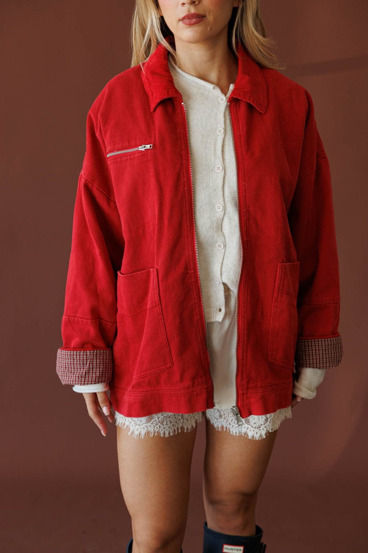 Red oversized twill worker jacket