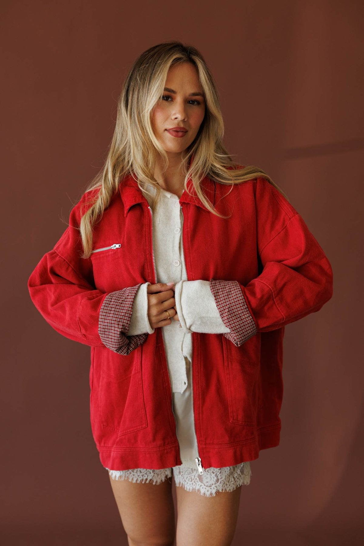 Red oversized twill worker jacket