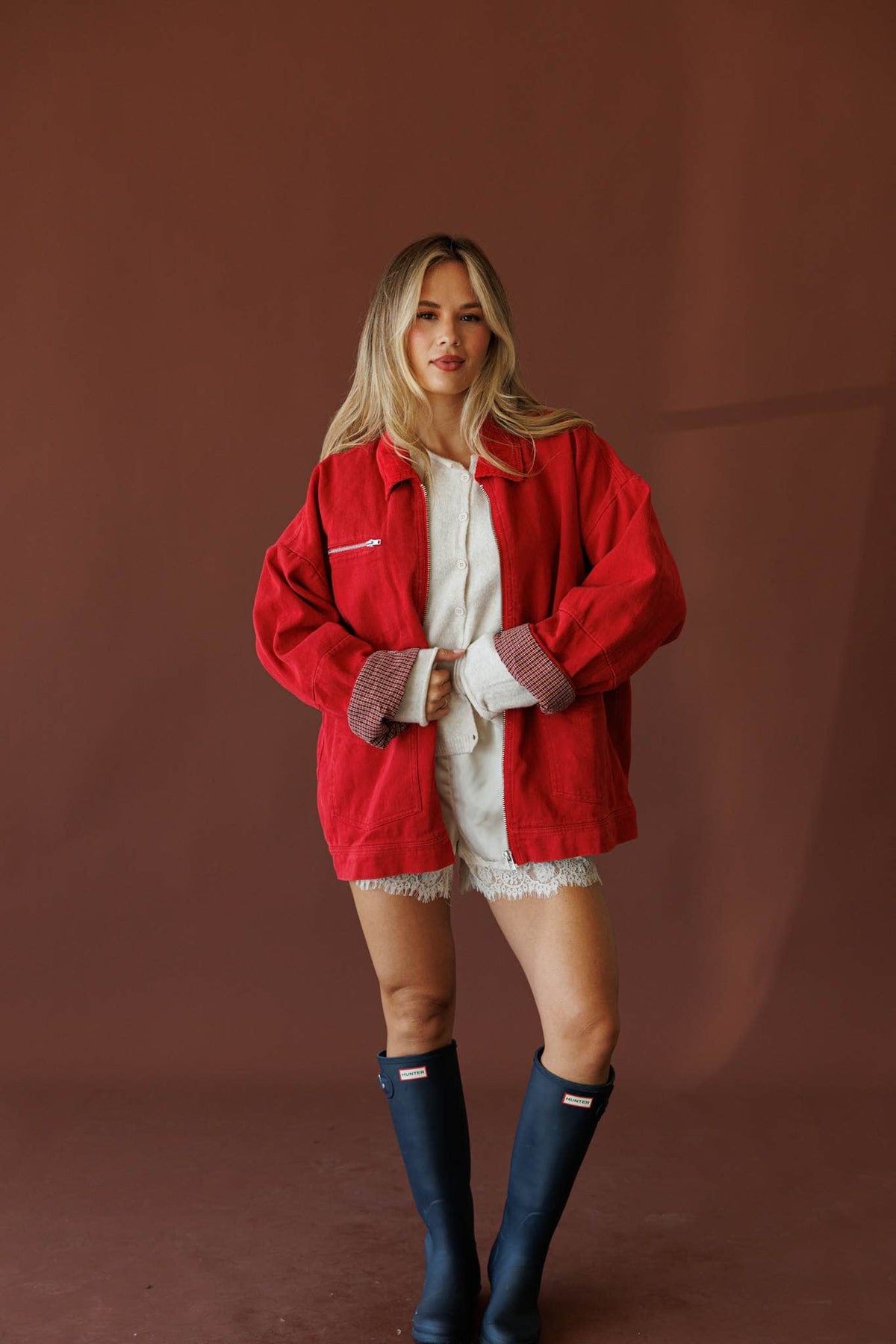 Red oversized twill worker jacket, front view