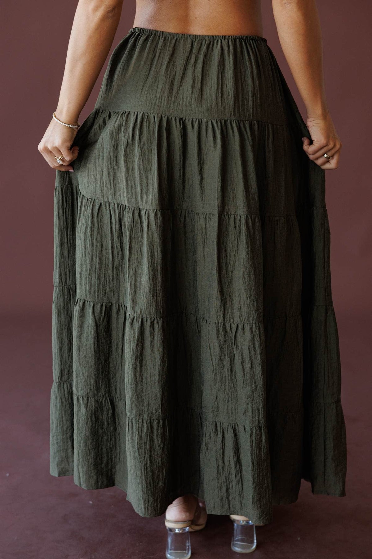 Olive tiered cotton gauze maxi skirt