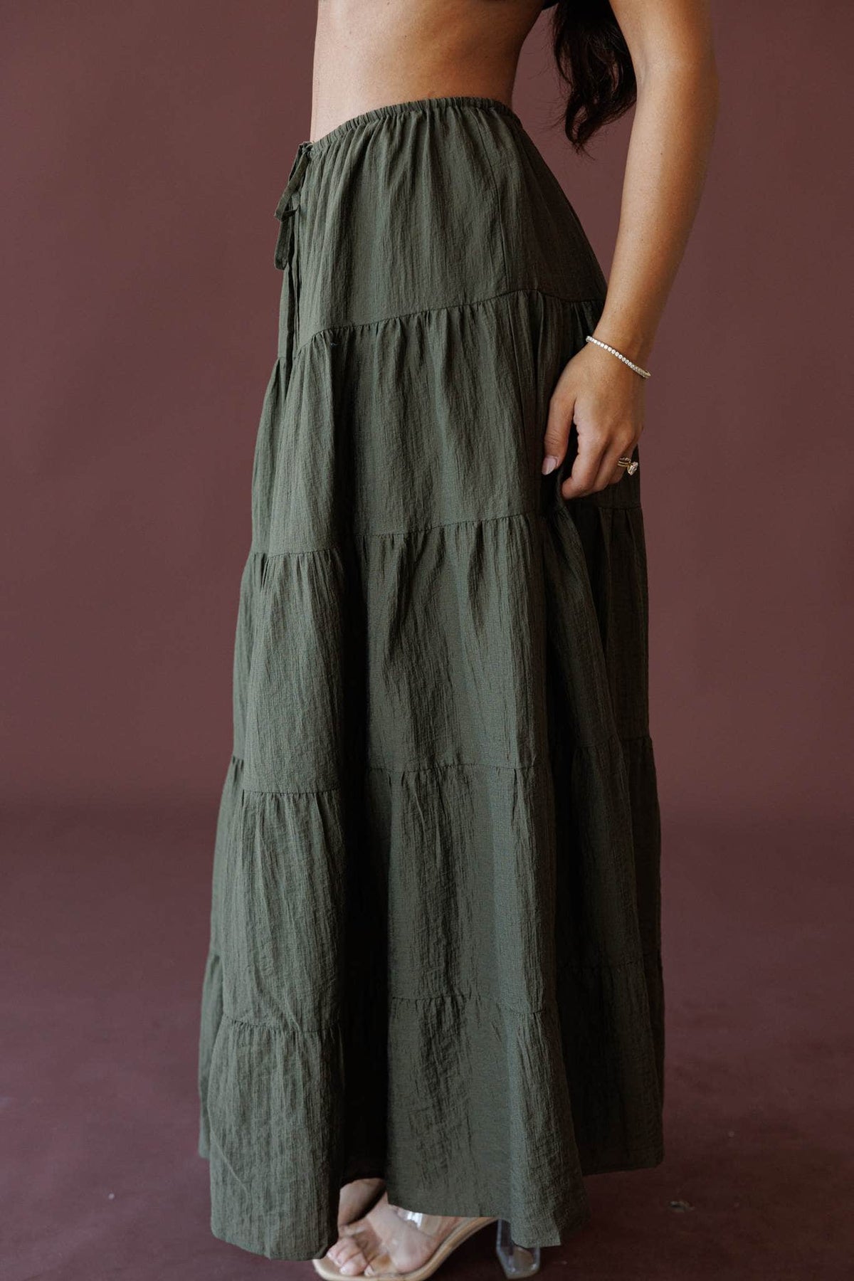 Olive tiered cotton gauze maxi skirt