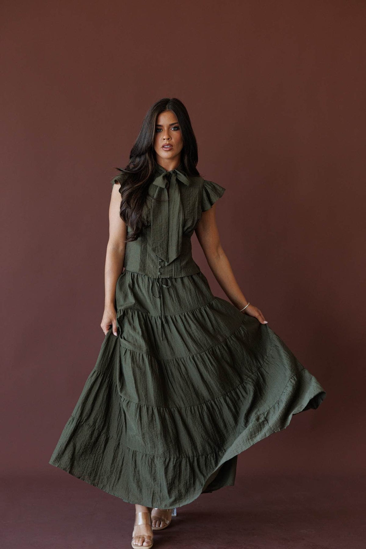 Olive tiered cotton gauze maxi skirt