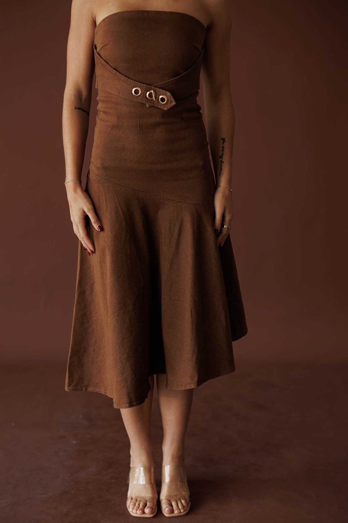 Brown denim strapless asymmetric midi dress