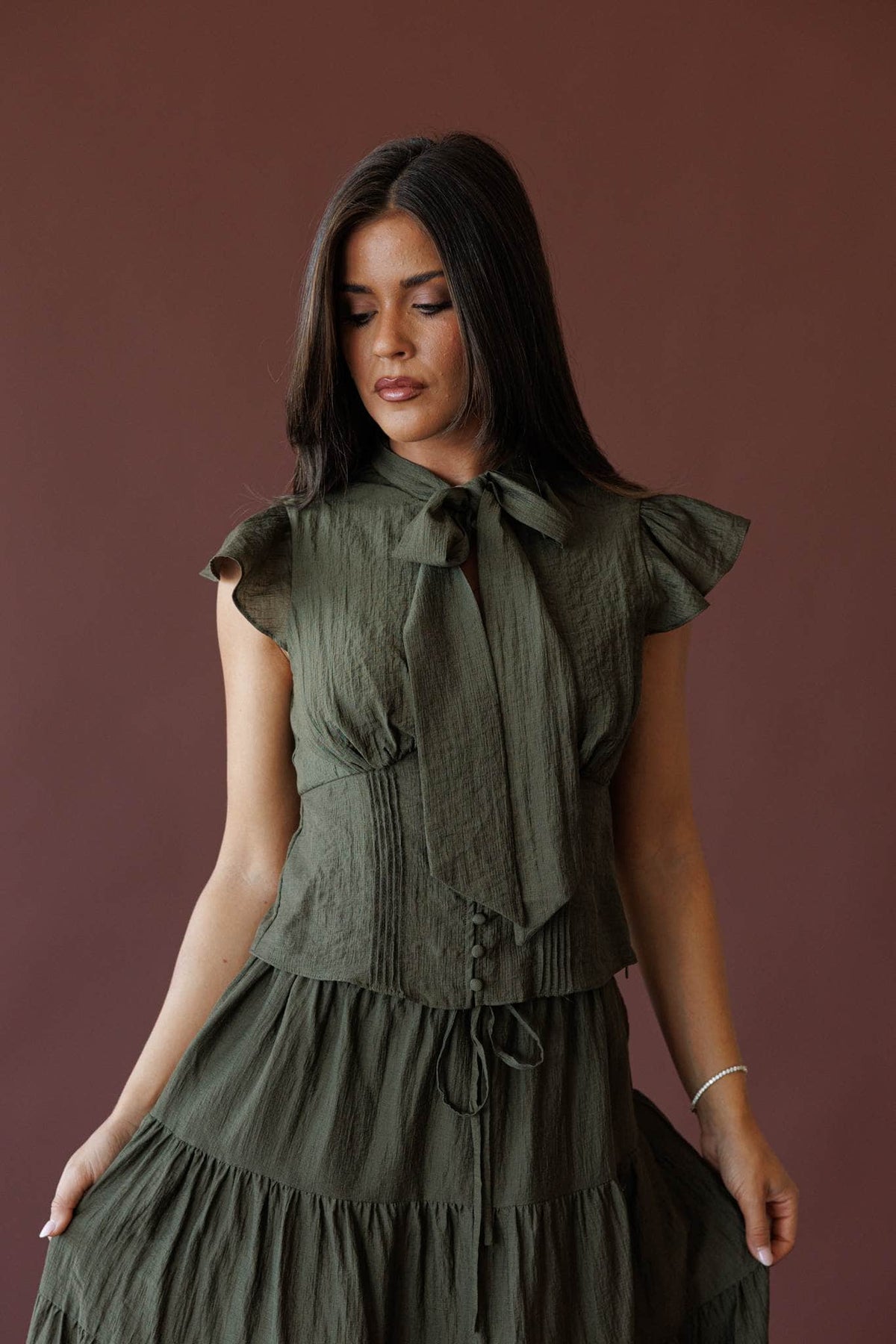 Olive flutter sleeve top