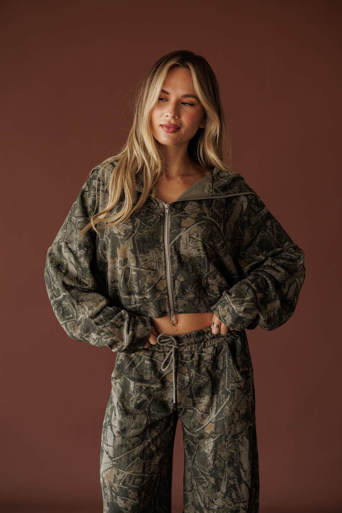 Olive camo cropped zip up jacket