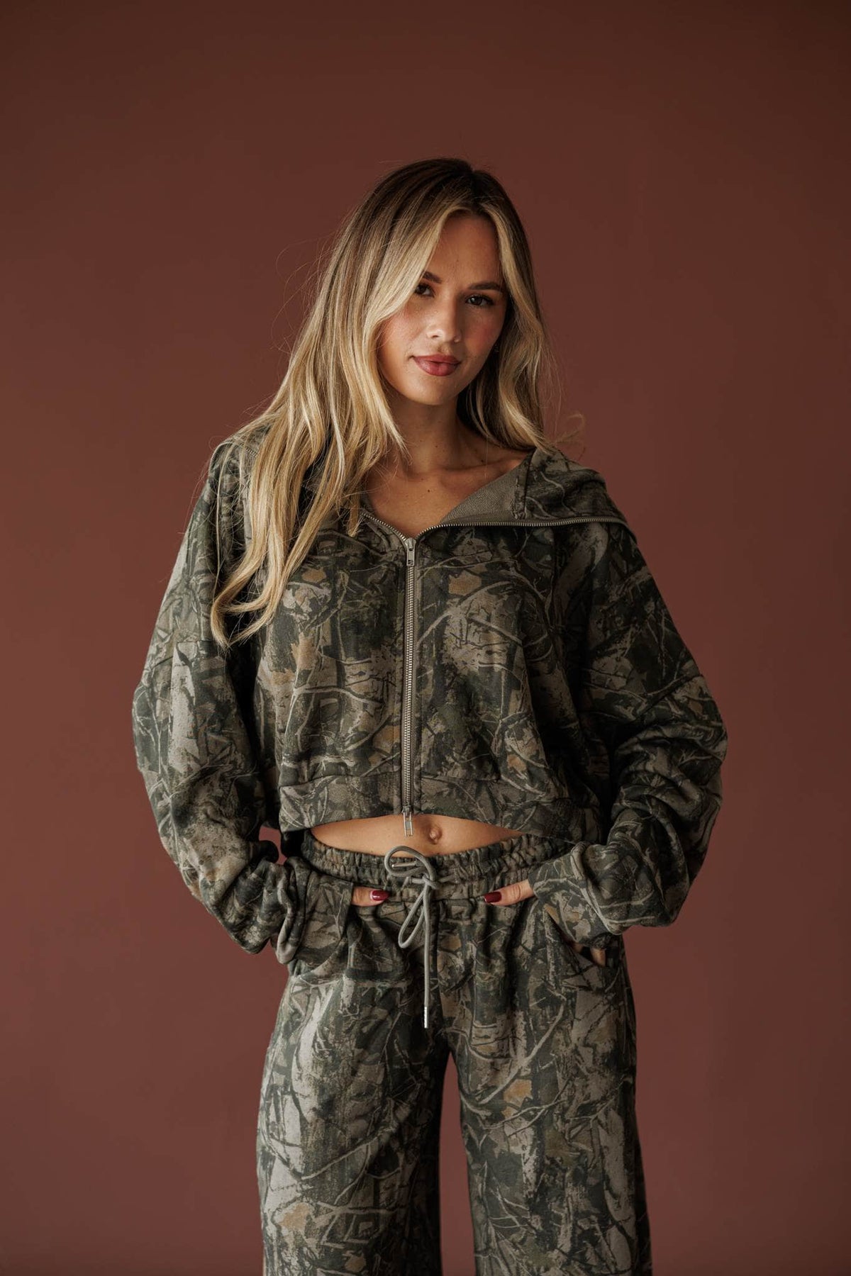 Olive camo cropped zip up jacket, front view