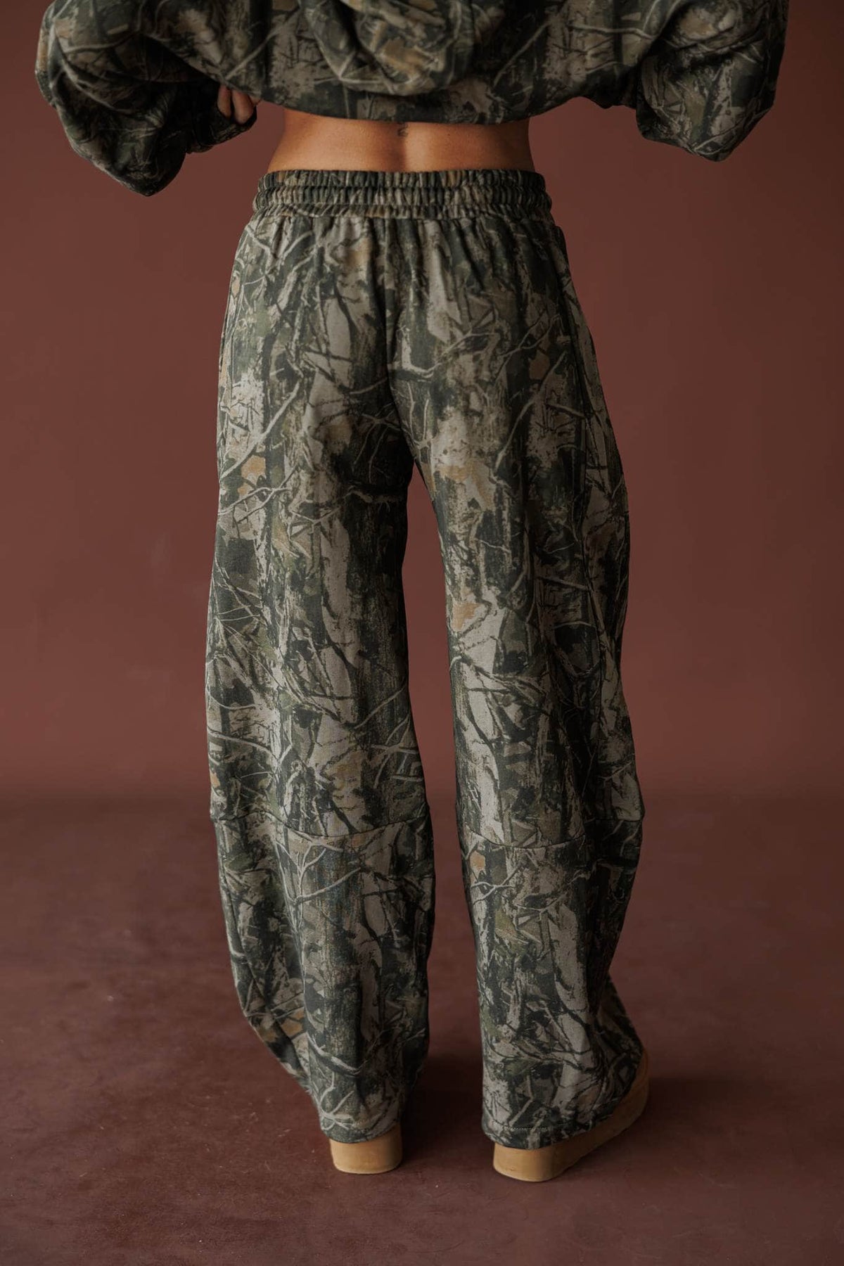 Olive camo low rise barrel jogger pants