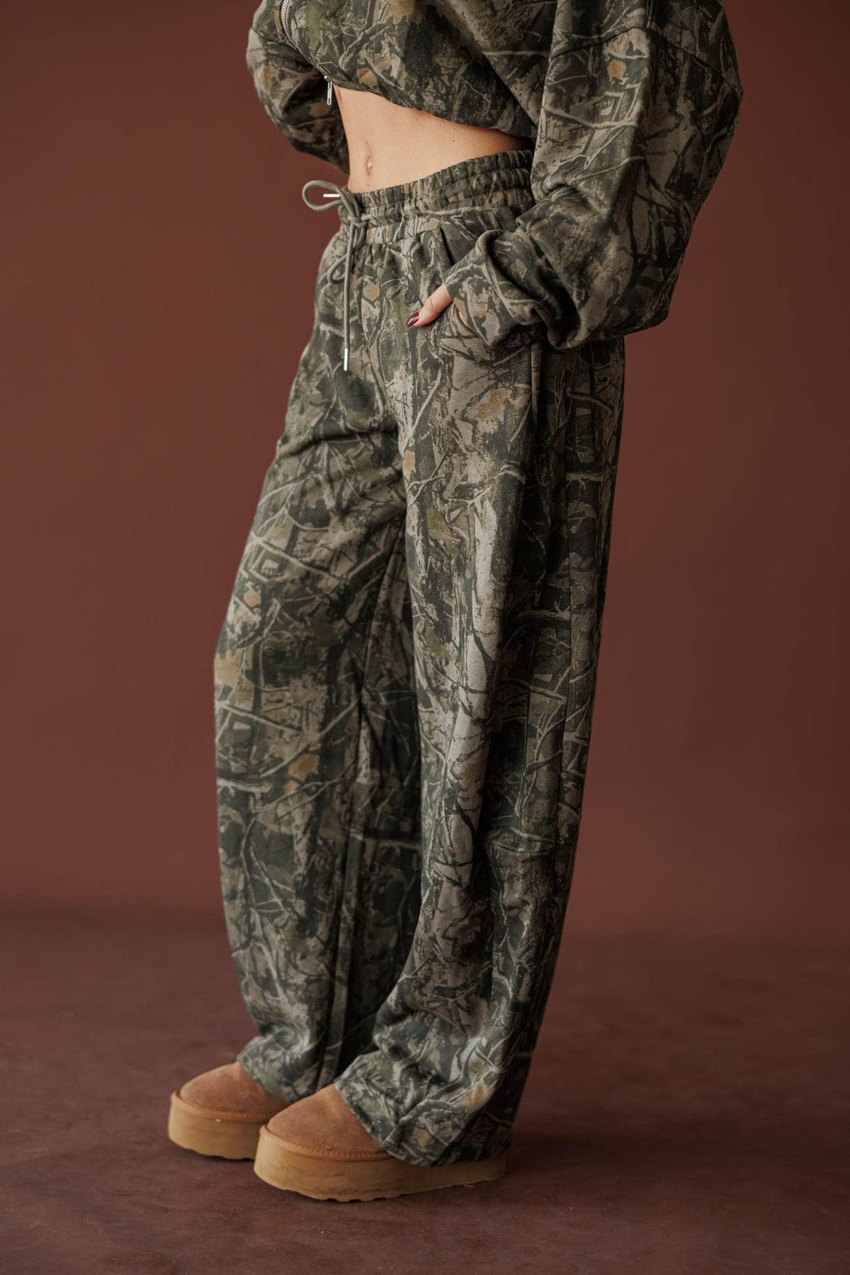 Olive camo low rise barrel jogger pants