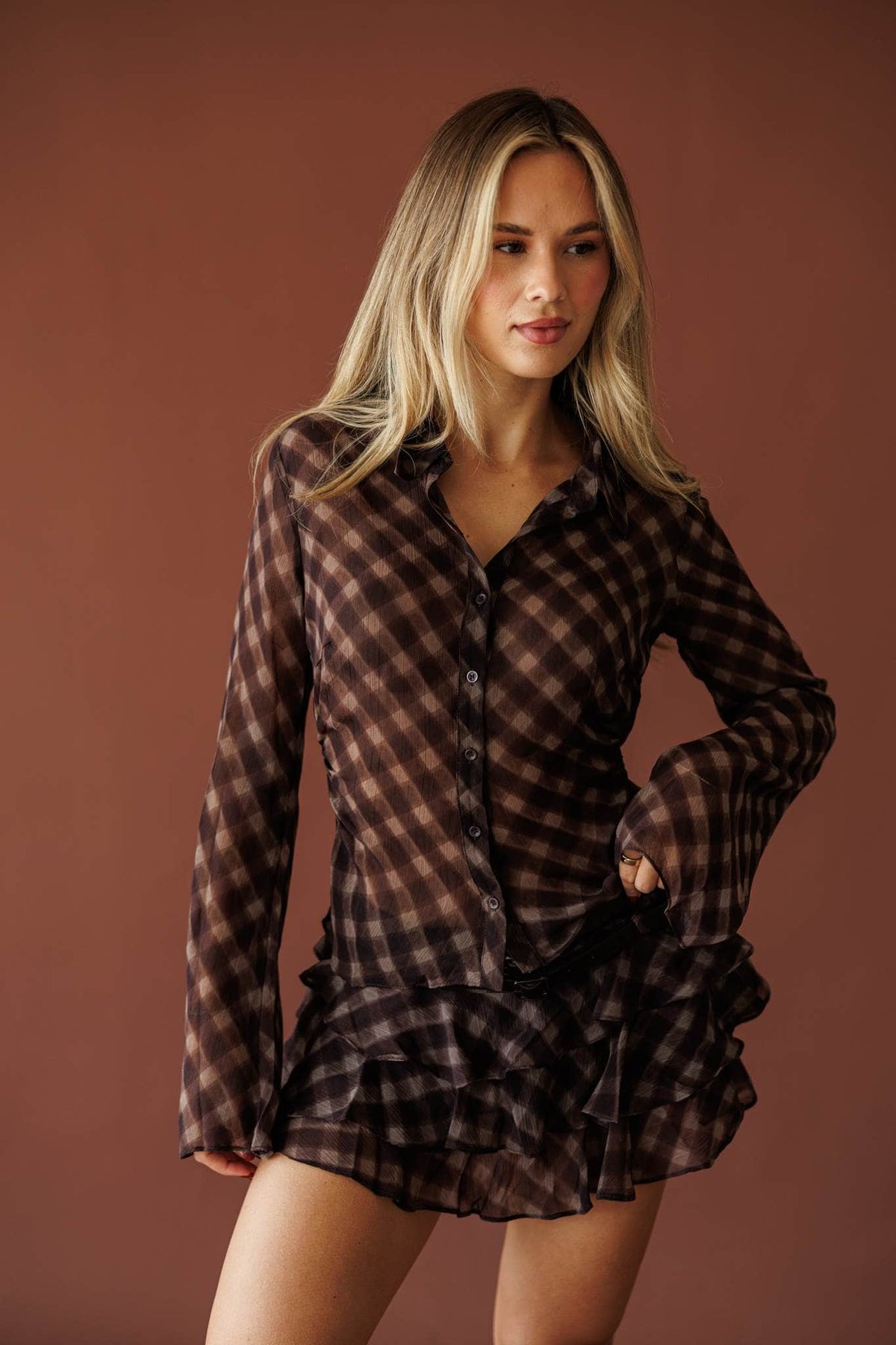 Deep plum check ruffle mini skirt