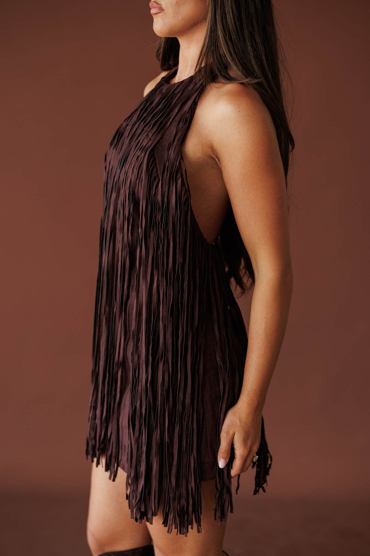 Black cherry fringe suede mini dress