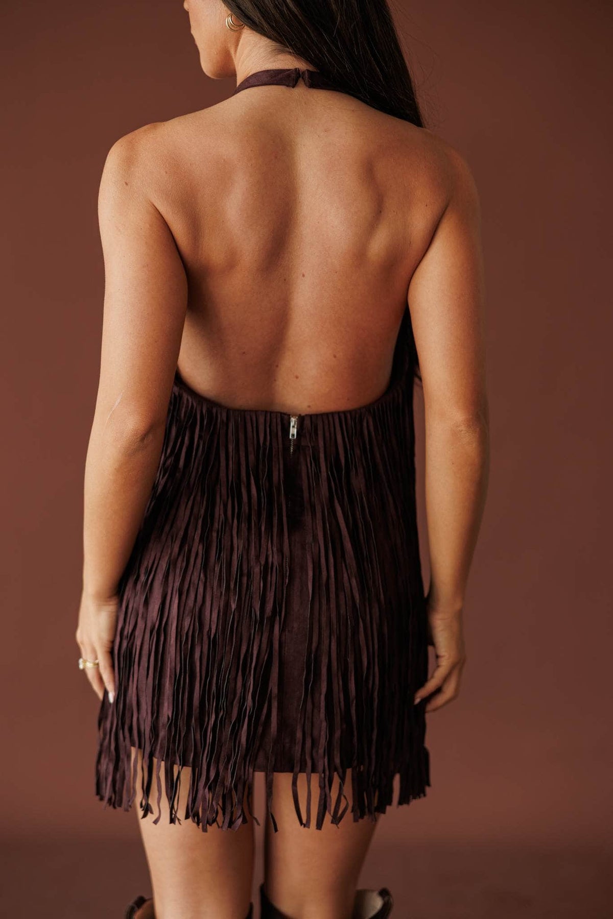 Black cherry fringe suede mini dress
