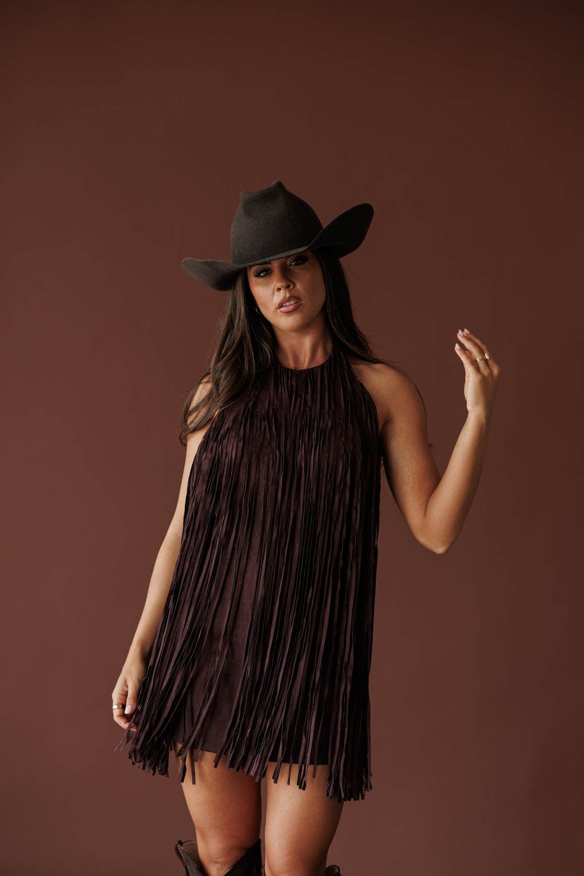 Black cherry fringe suede mini dress