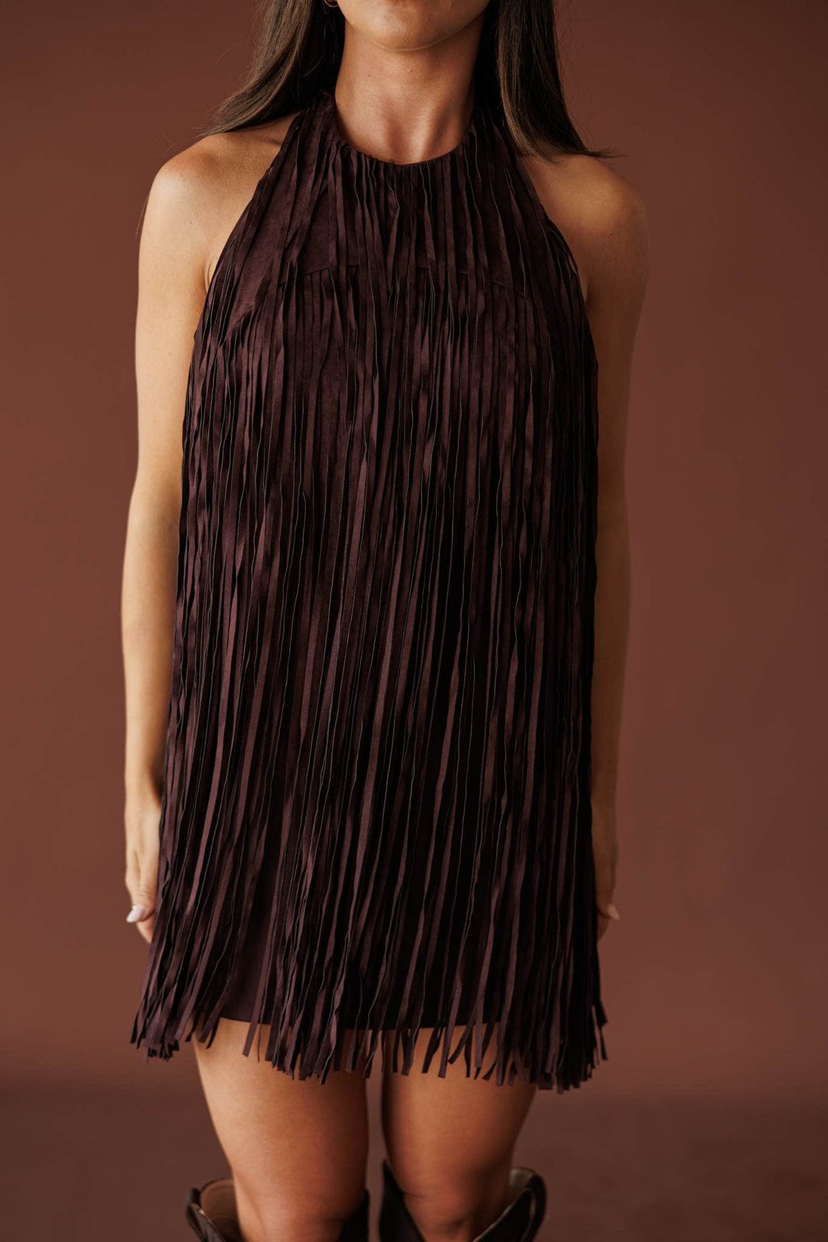 Black cherry fringe suede mini dress