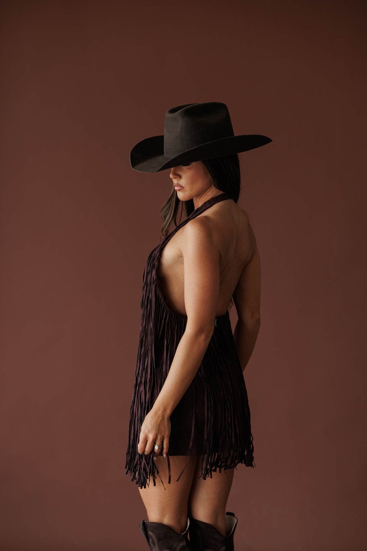 Black cherry fringe suede mini dress