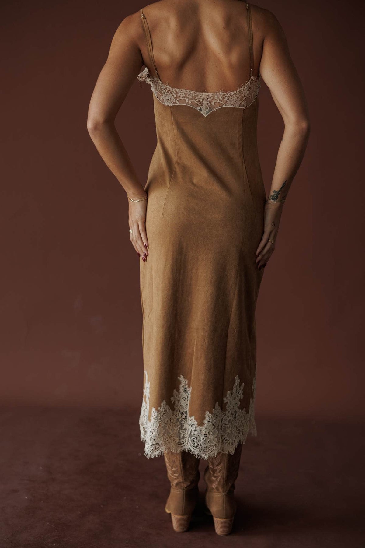 Camel suede midi dress with ivory lace trim