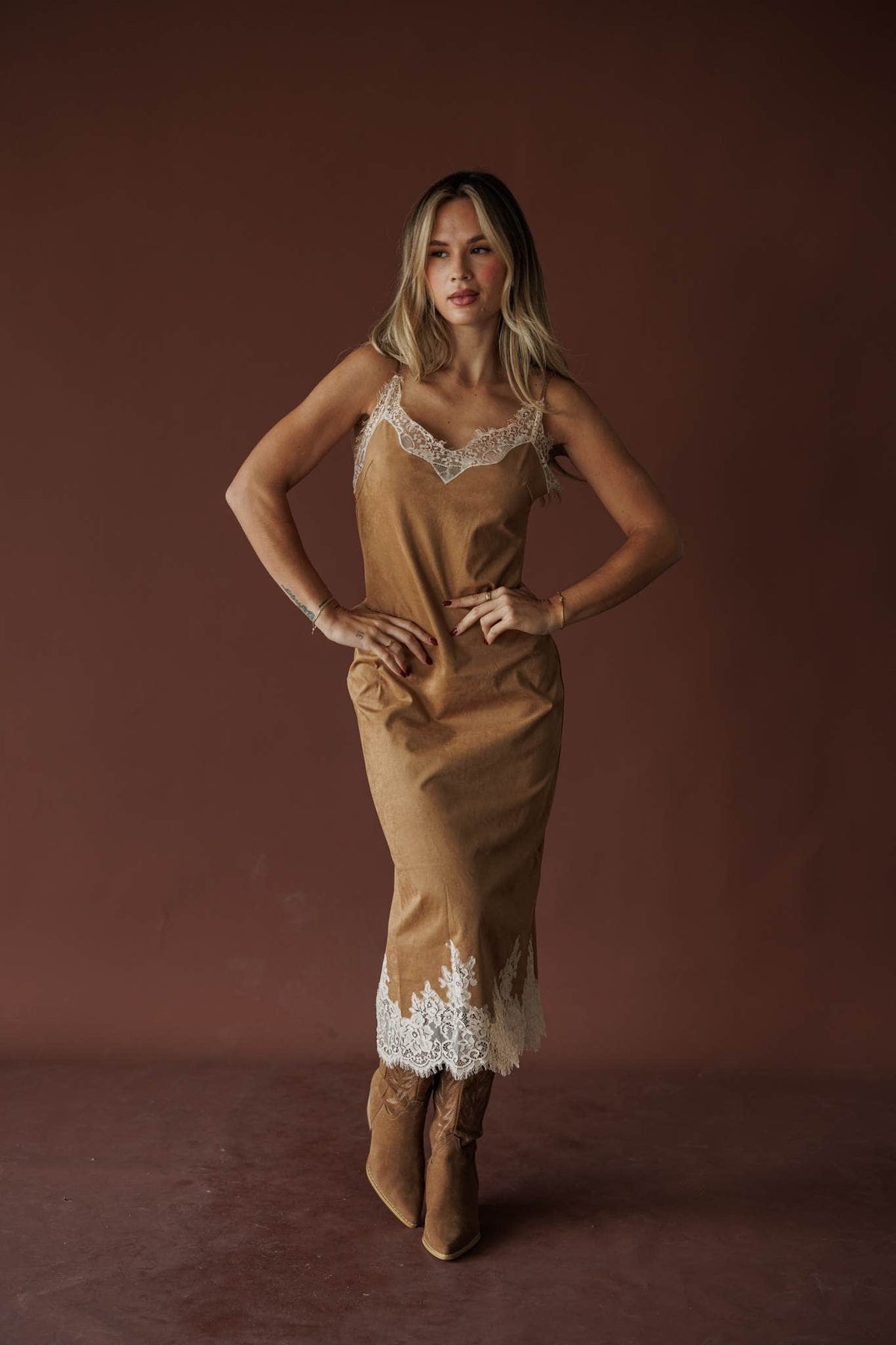 Camel suede midi dress with ivory lace trim, front view