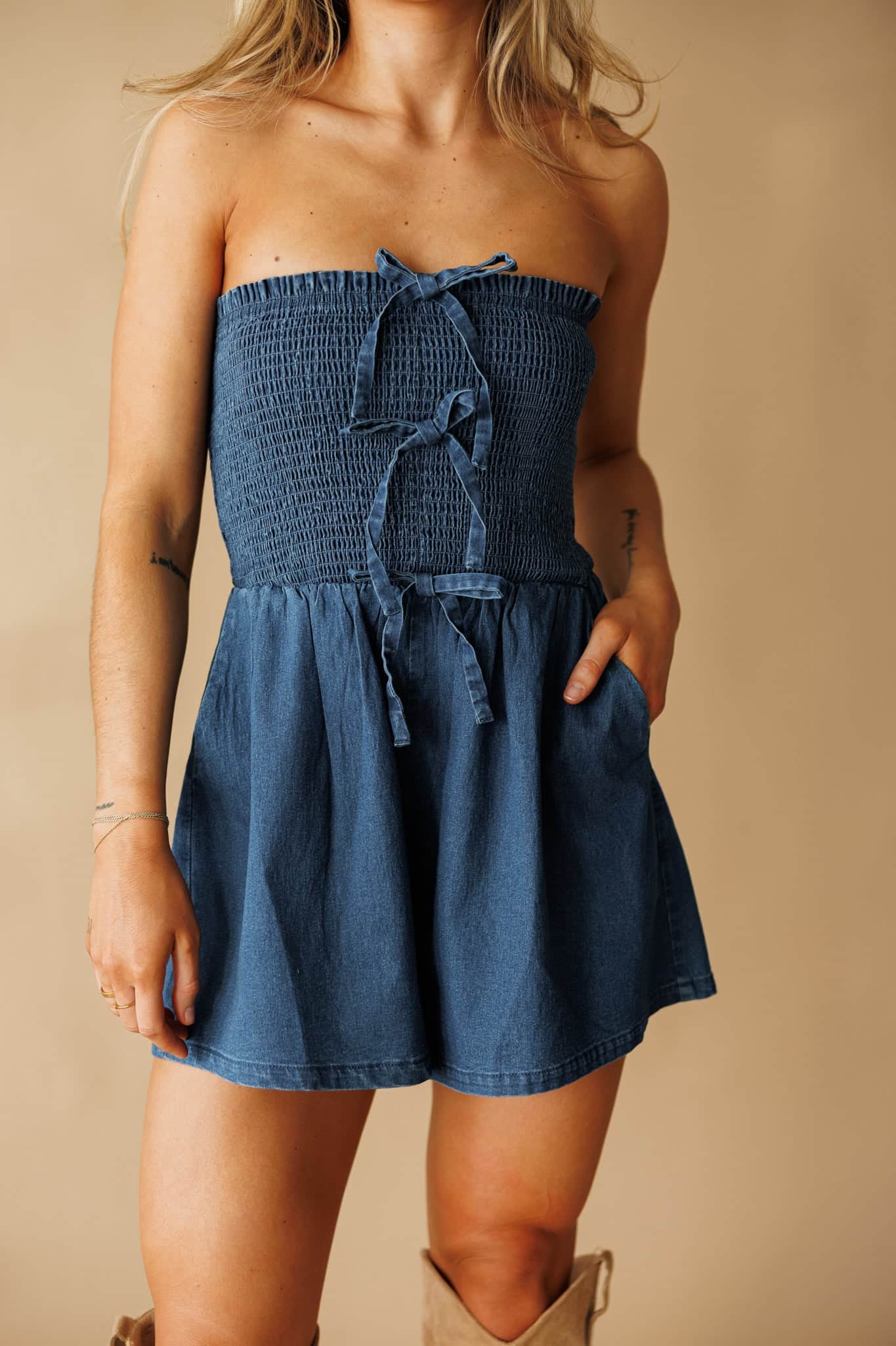 Bow Moment Denim Romper