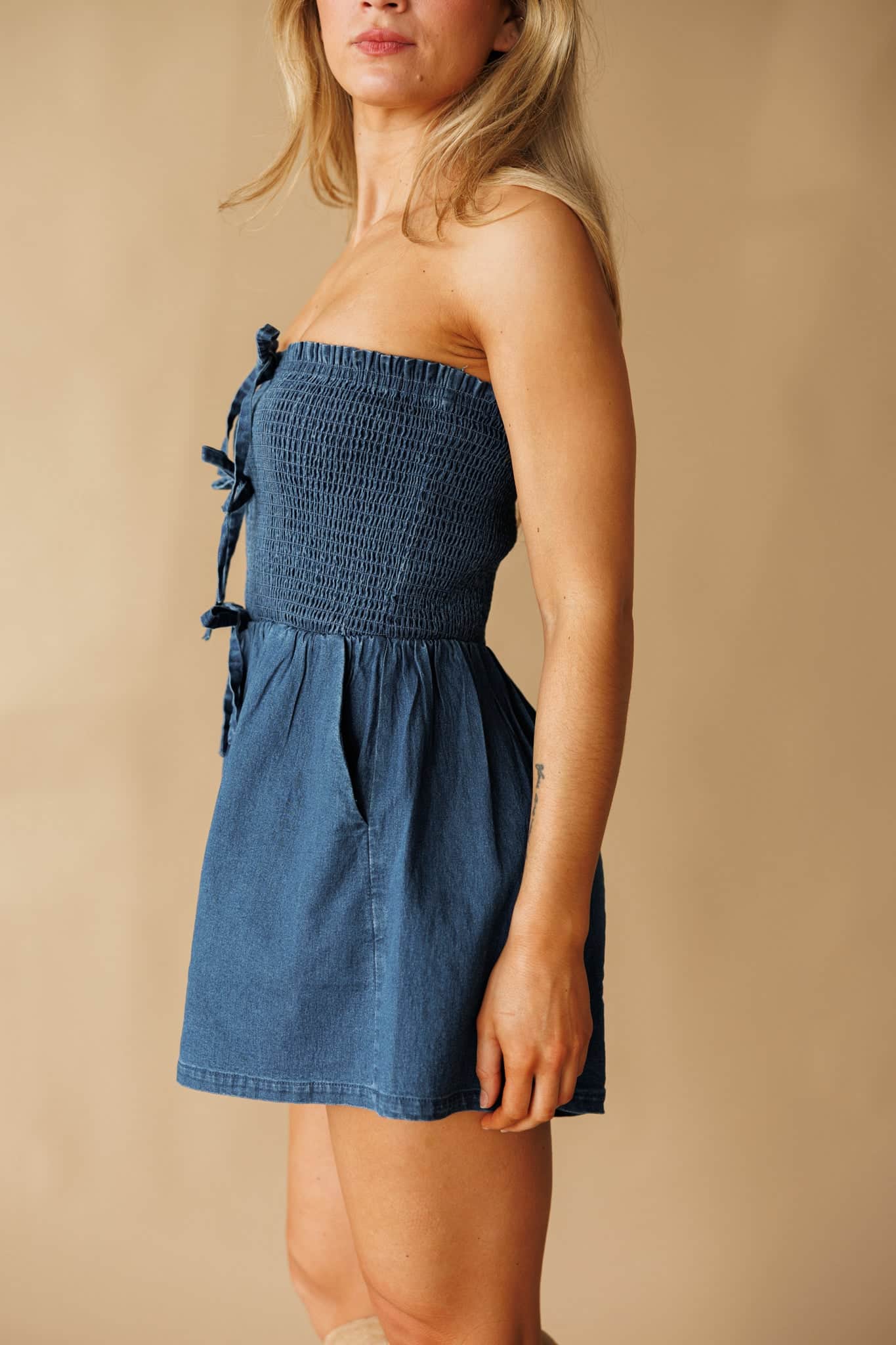 Strapless Denim Romper with Smocked Bodice | Lane 201