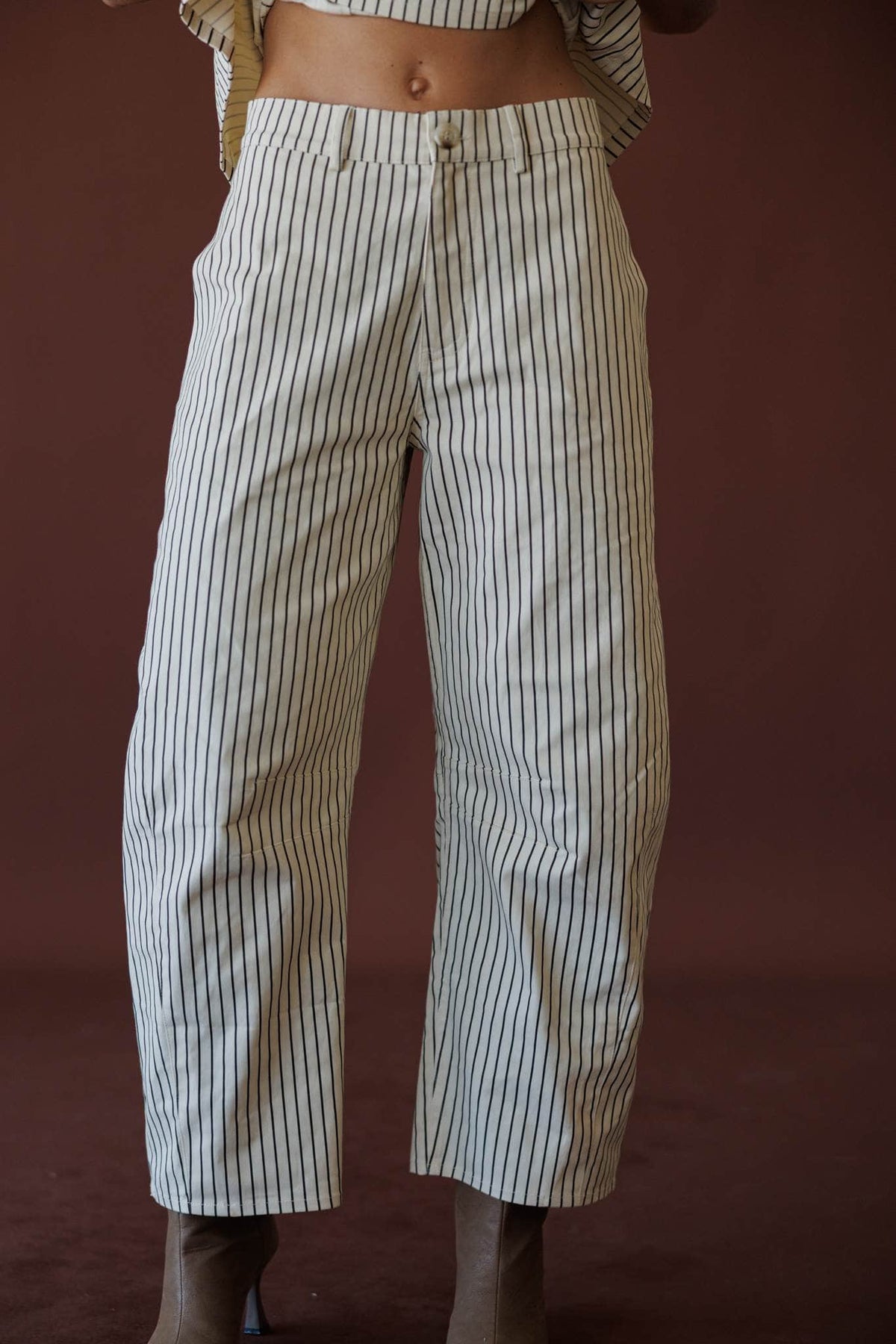 Boardwalk Stripe Barrel Pants, in cream, front view of the pinstripe barrel pants