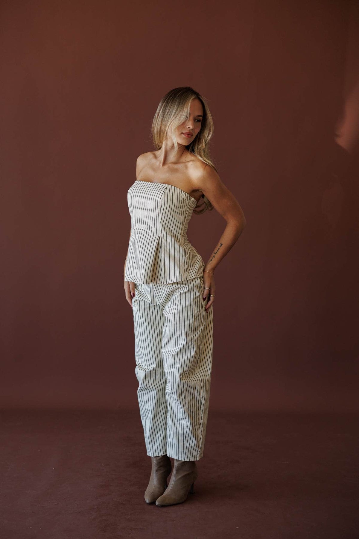 Boardwalk Stripe Tube Top, in cream, three-quarter view of the matching set