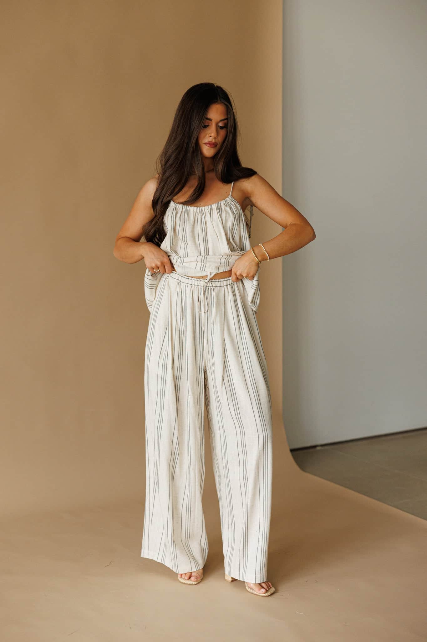 Linen Striped Pants | Women's Neutral Wide Leg Pants | Lane 201