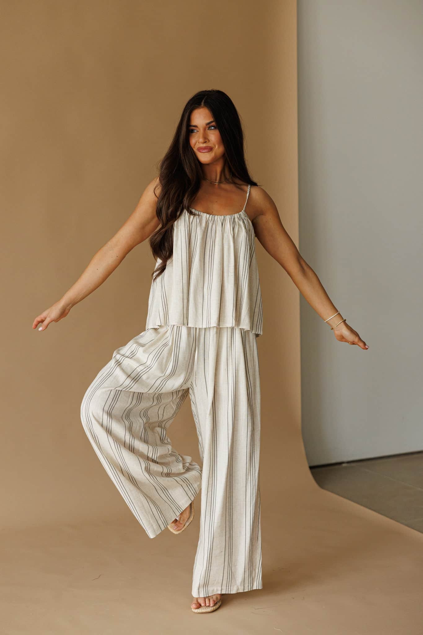 Linen Striped Pants | Women's Neutral Wide Leg Pants | Lane 201