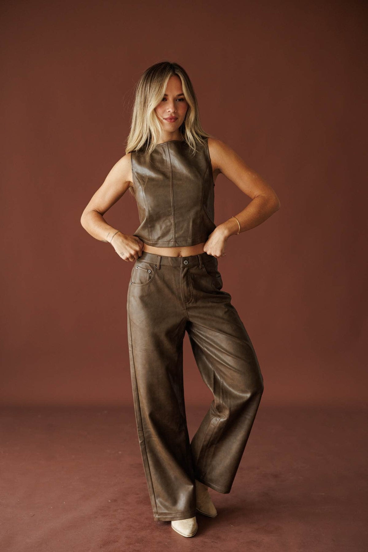Trouble Tonight Leather Top in brown, full-length view with the matching wide-leg leather pants