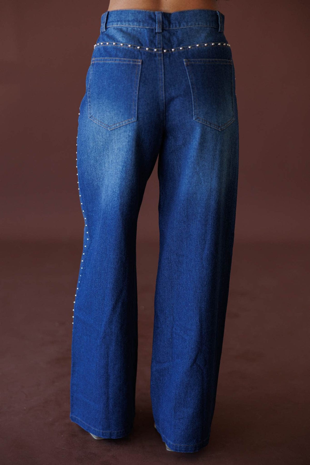 Studded Line Wide Leg Jeans, in denim, back view of the wide leg jeans