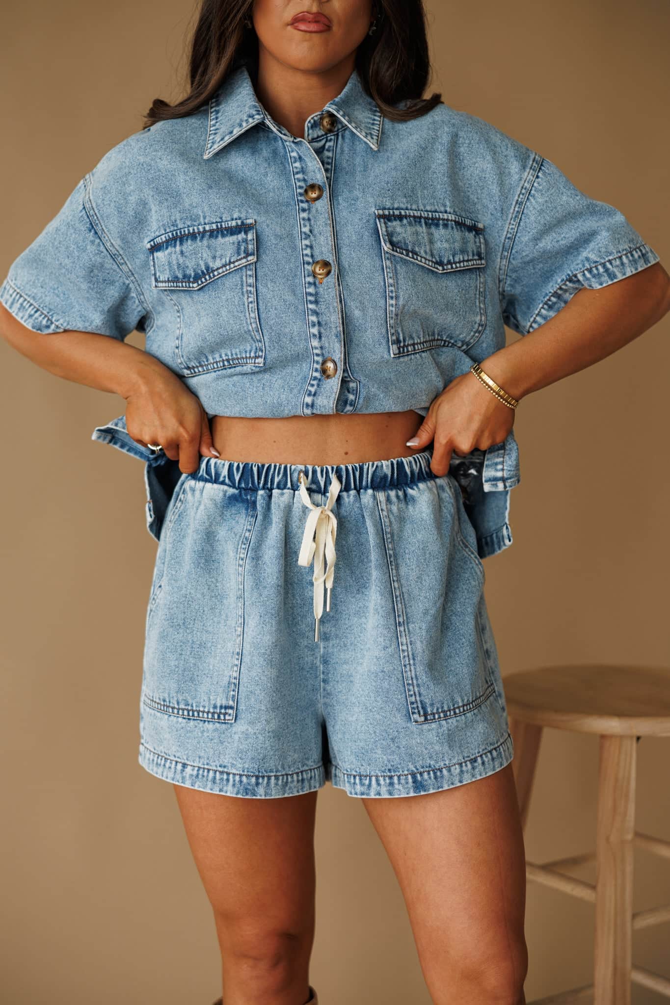 Tie Front Denim Shorts | Relaxed Elastic Waist Casual Shorts