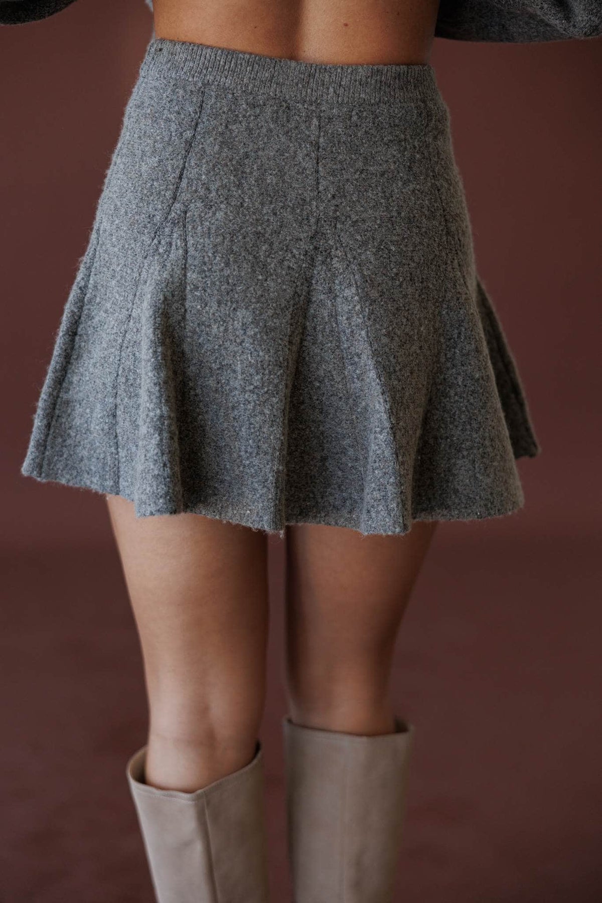 Cozied Up Flare Knit Skirt, in grey, front view of the circle hem