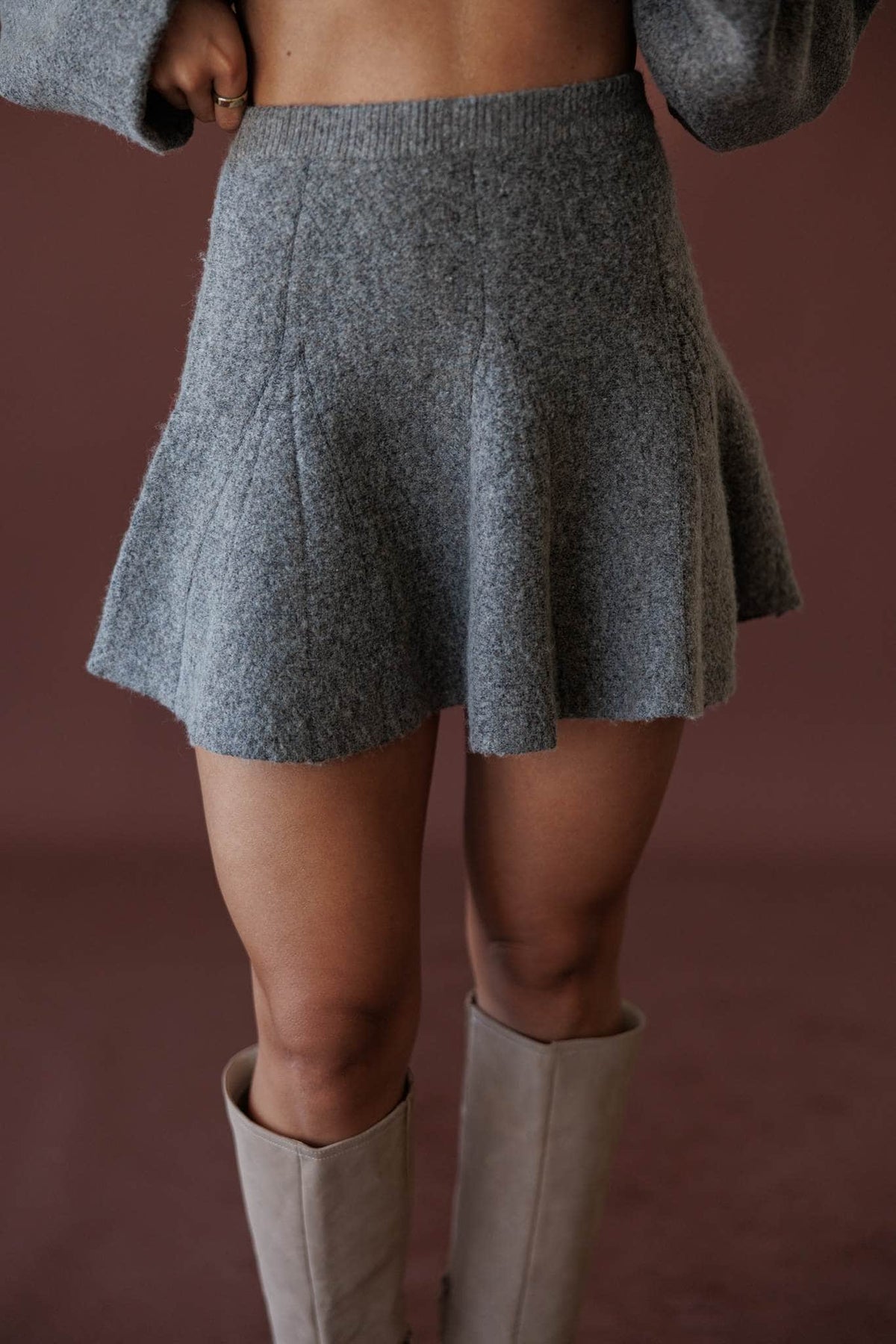 Cozied Up Flare Knit Skirt, in grey, front view of the flare knit mini skirt