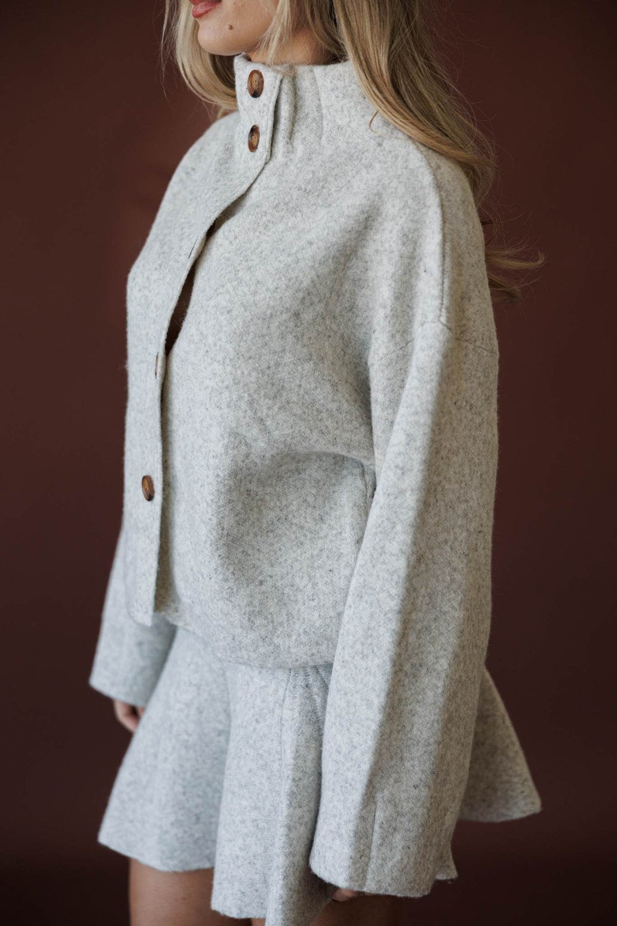 Cozied Up Knit Jacket, in oatmeal, close side view of the funnel neck