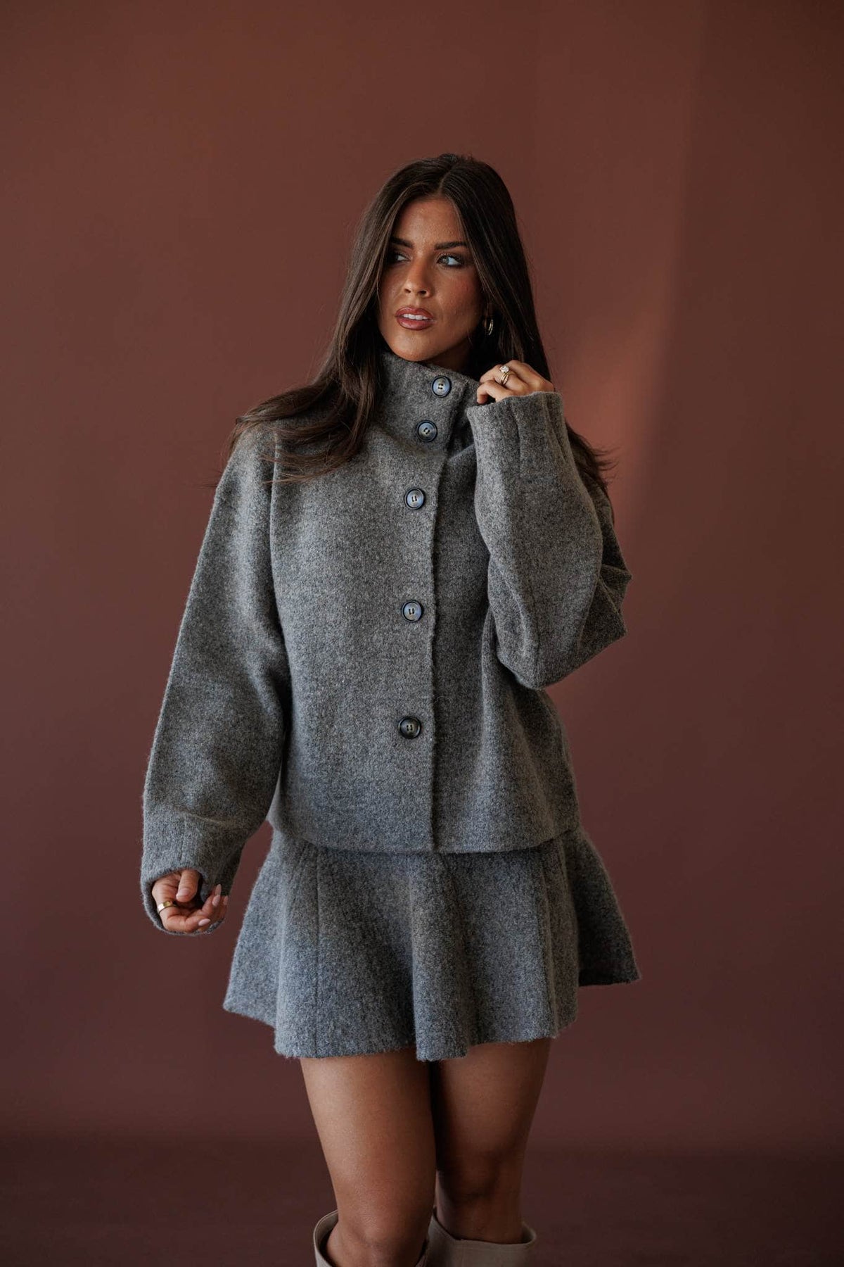 Cozied Up Knit Jacket, in grey, three-quarter front view of the jacket