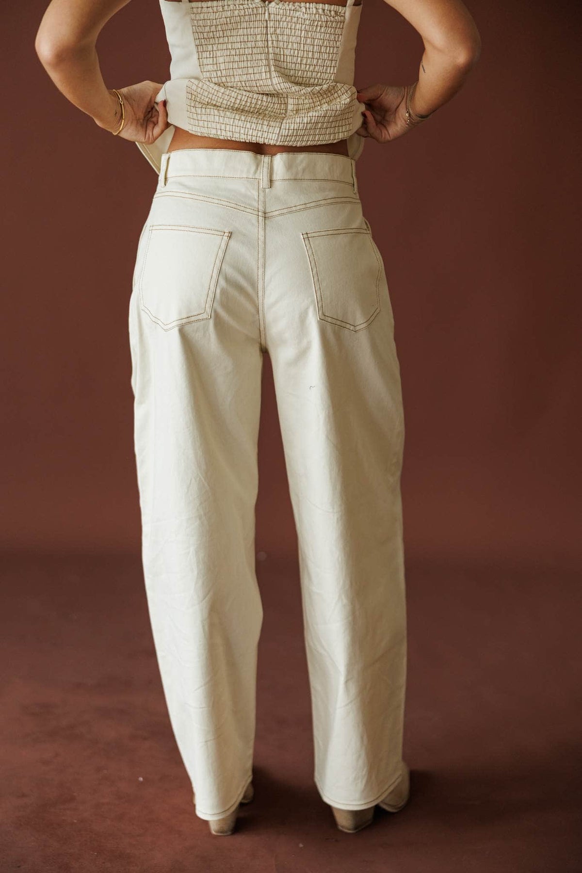 Roadhouse Barrel Pants in cream, back view of the high waist and roomy leg
