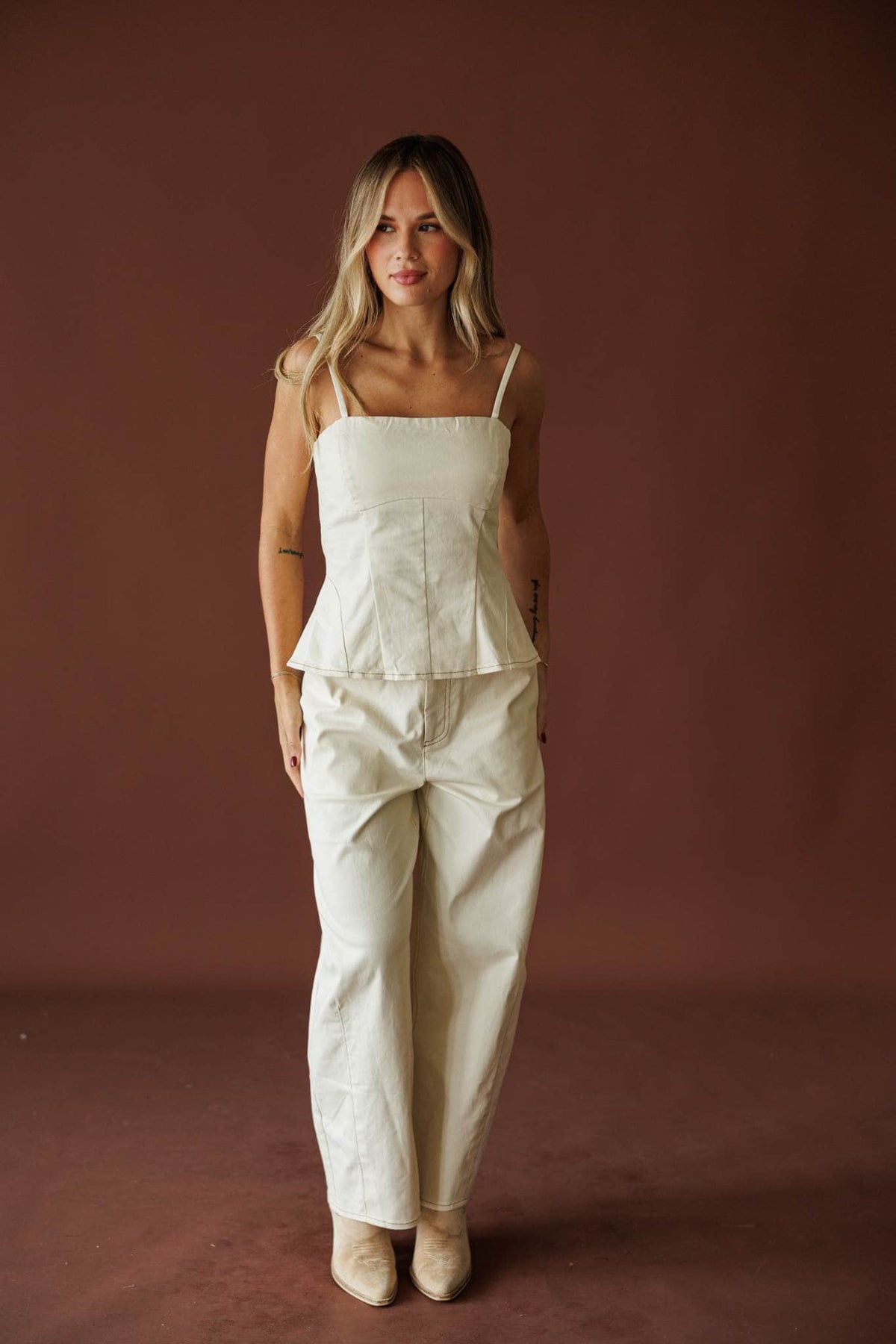 Roadhouse Peplum Top in cream, full-length view with the matching barrel pants