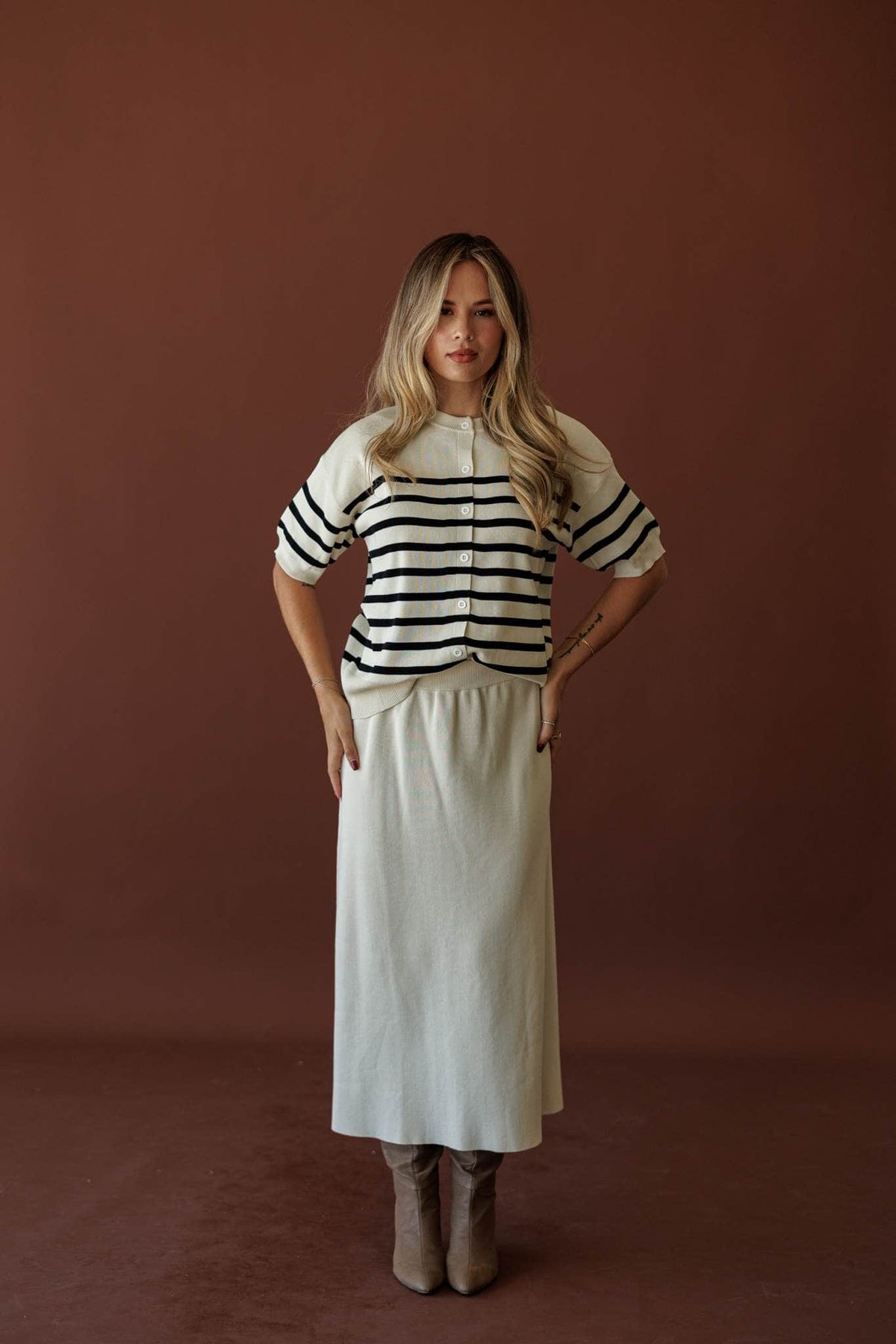Collins Knit Maxi Skirt, in cream, full-length front view with the striped cardigan