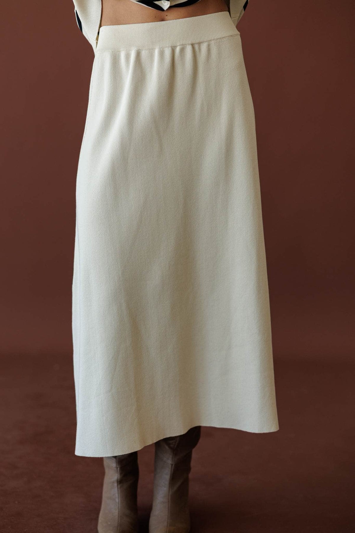 Collins Knit Maxi Skirt, in cream, front view of the knit maxi skirt