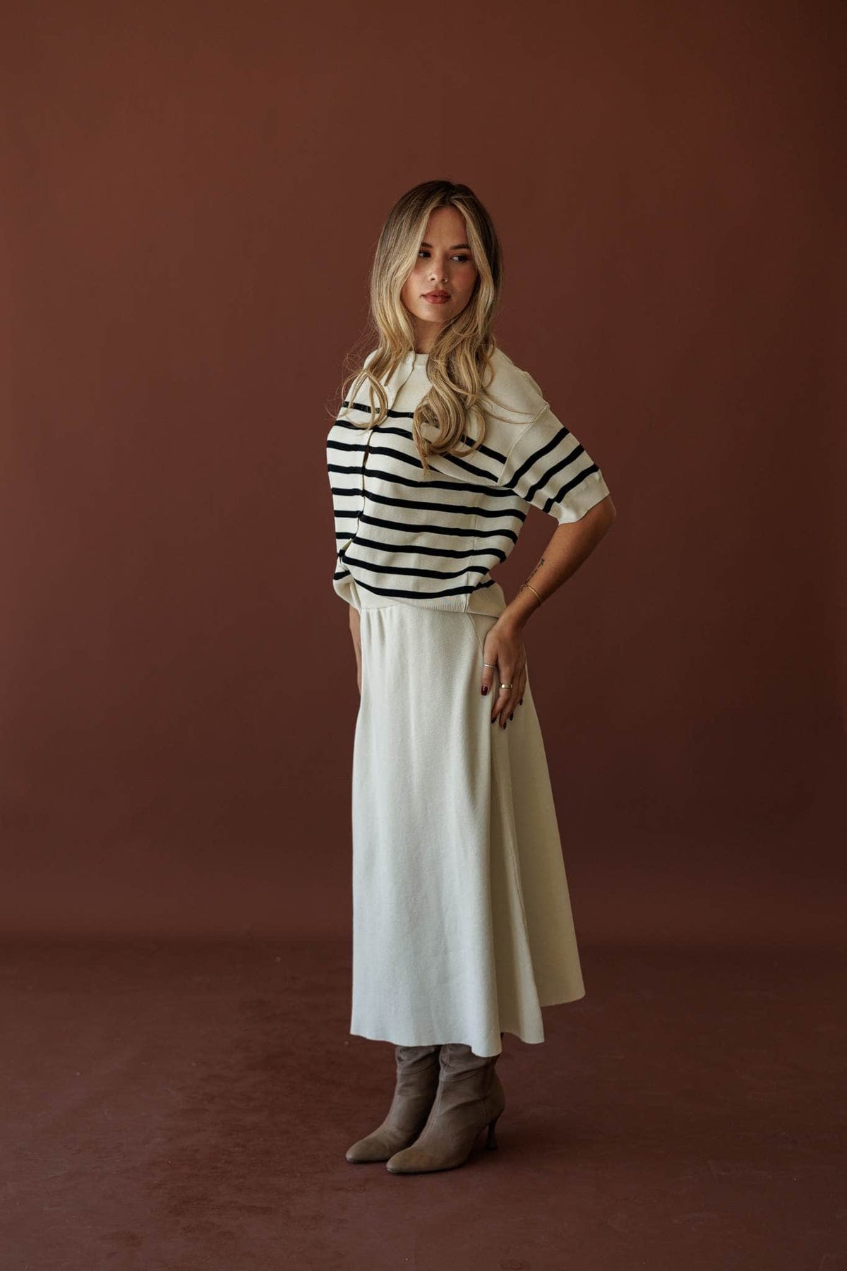 Collins Stripe Cardigan, in cream, side view with the matching maxi skirt