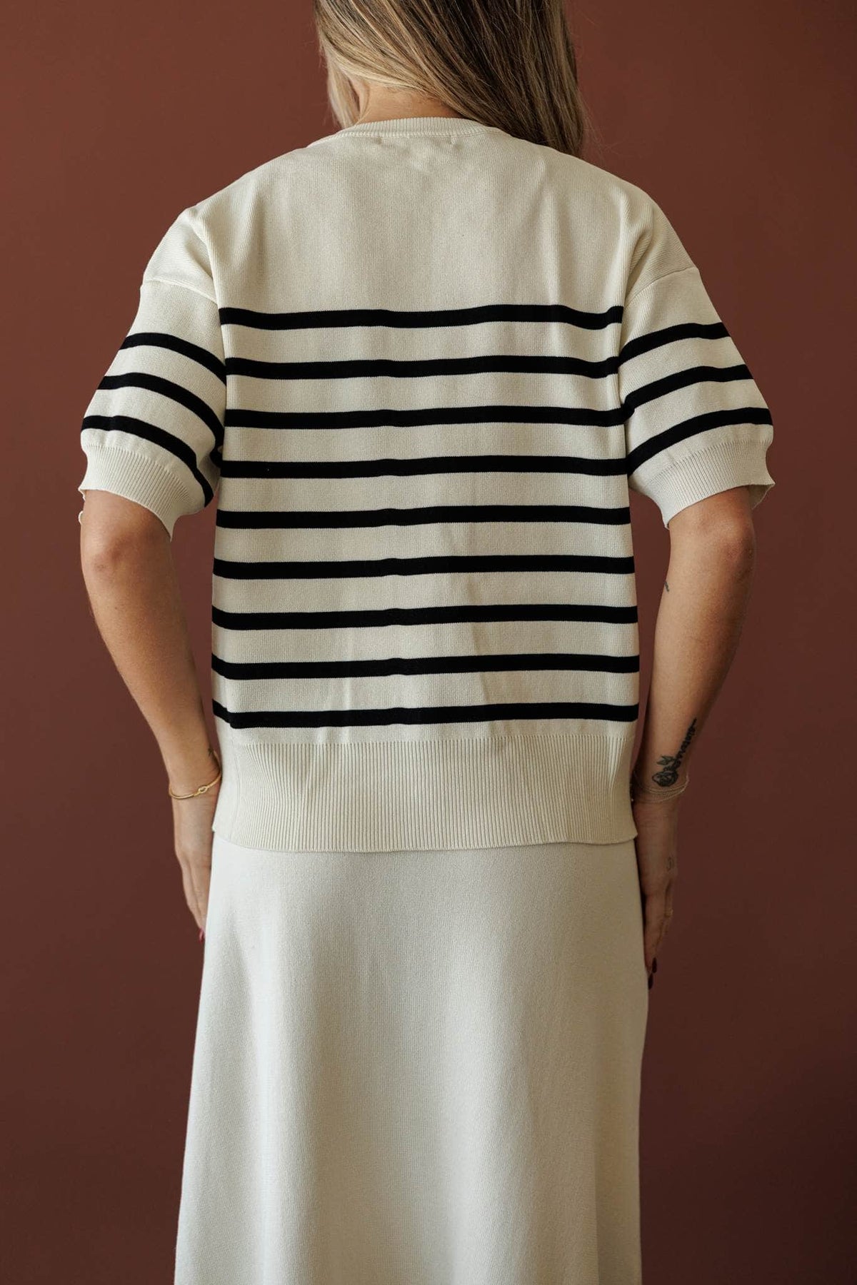 Collins Stripe Cardigan, in cream, back view of the striped cardigan