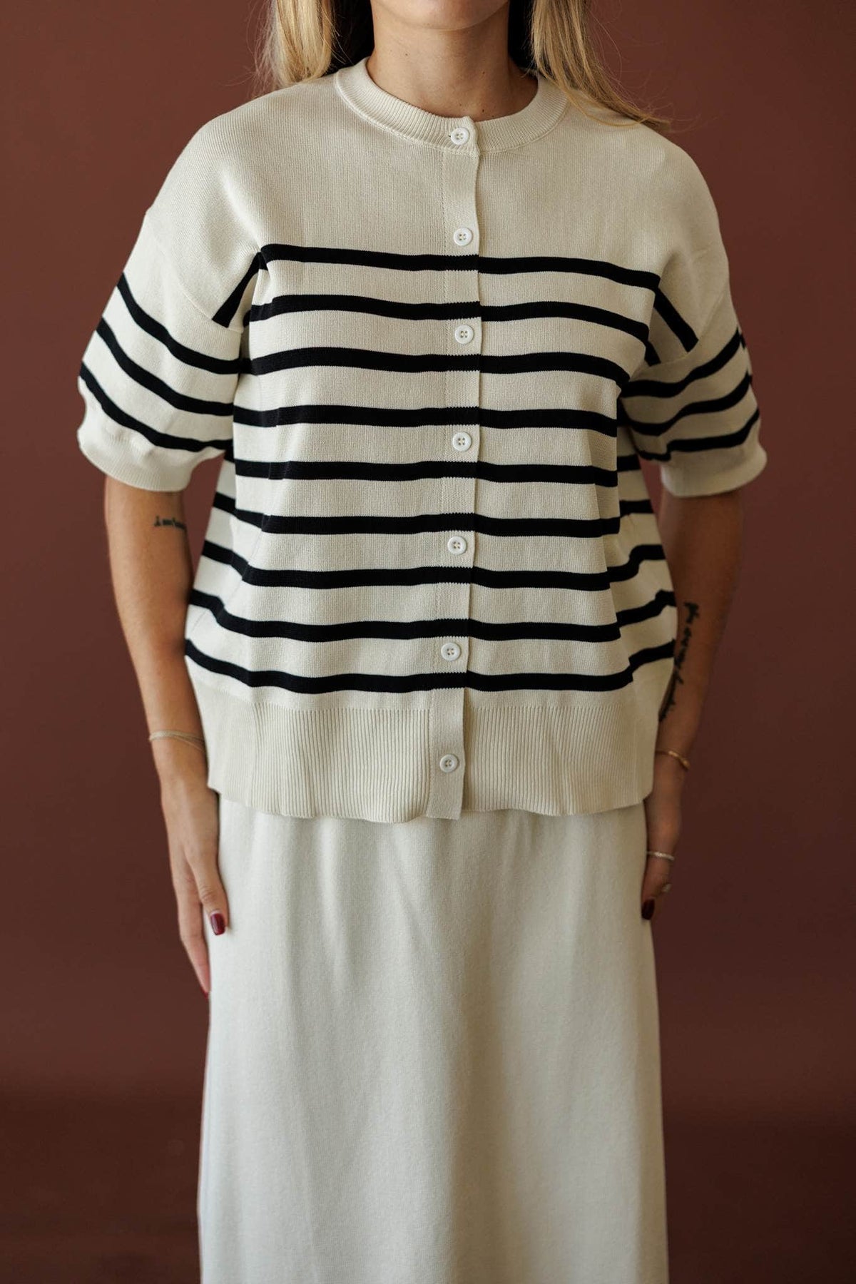 Collins Stripe Cardigan, in cream, close front view of the button placket