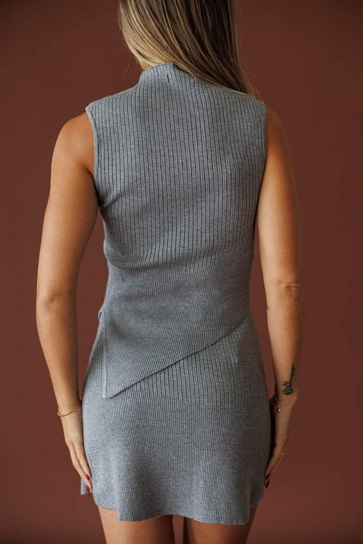 West Village Top in heather grey, back view of the sleeveless knit