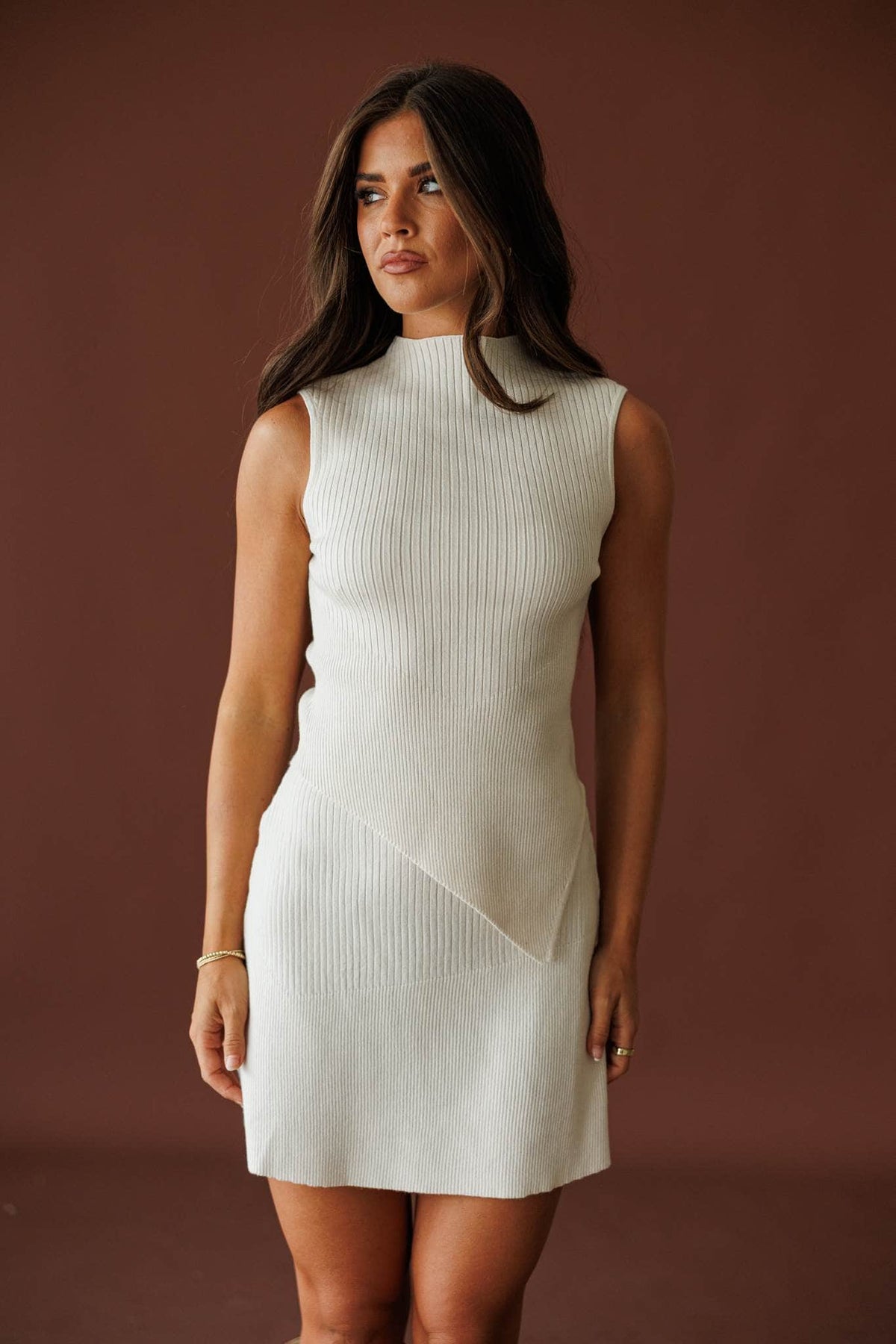 West Village Top in cream, front view of the sleeveless mock neck ribbed knit