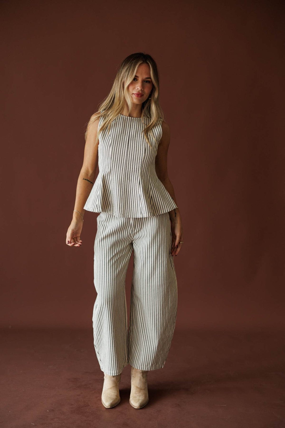Day In The City Top in natural pinstripe, full-length view with the matching barrel pants