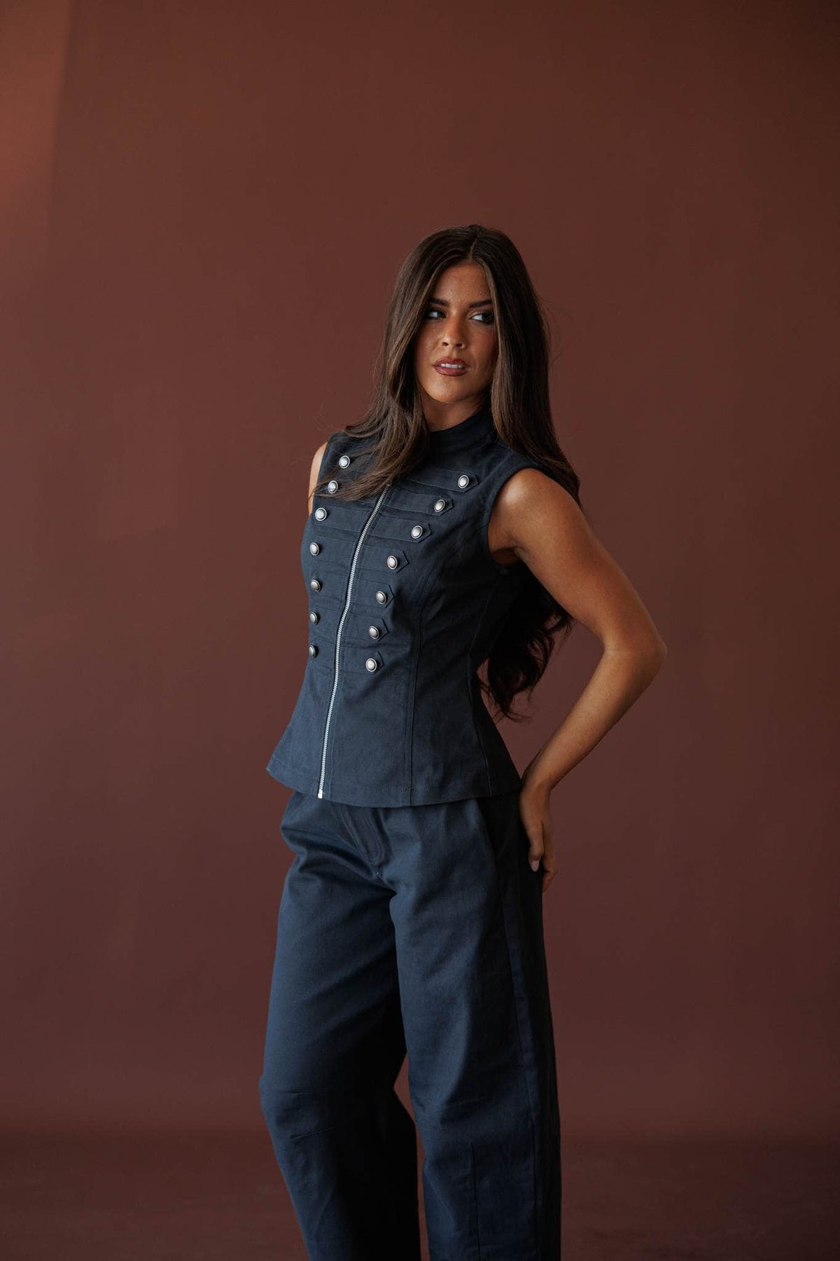 The Regent Vest, in navy, front view of the stand collar