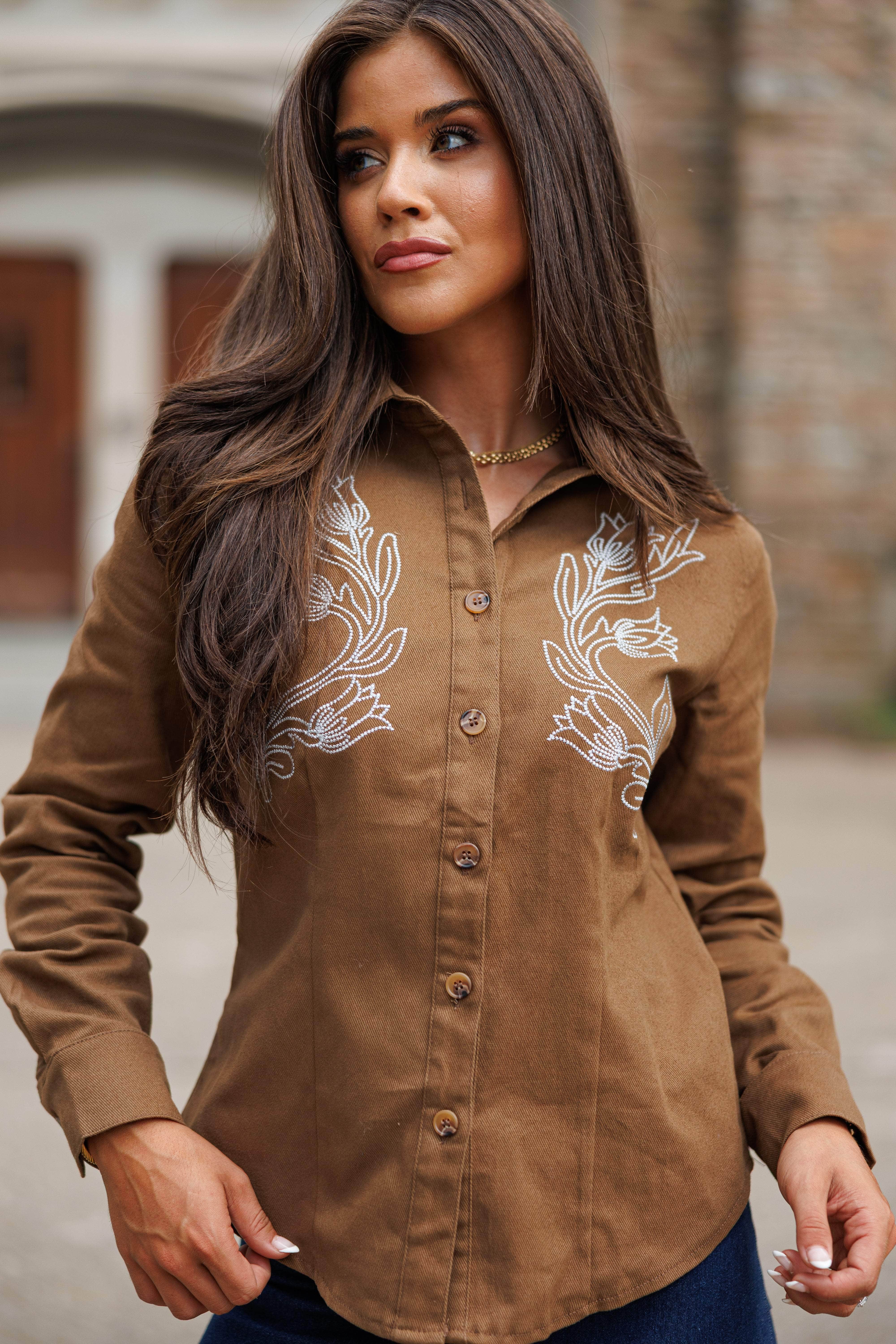 ＆her Side Button Shirts / BROWN Brown Button Down Western Top
