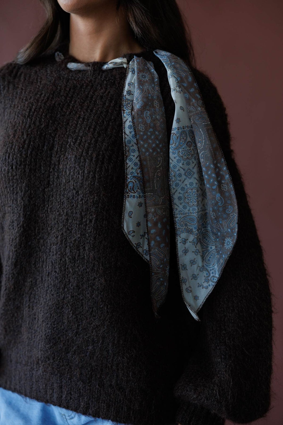 Brown sweater with satin scarf neck tie