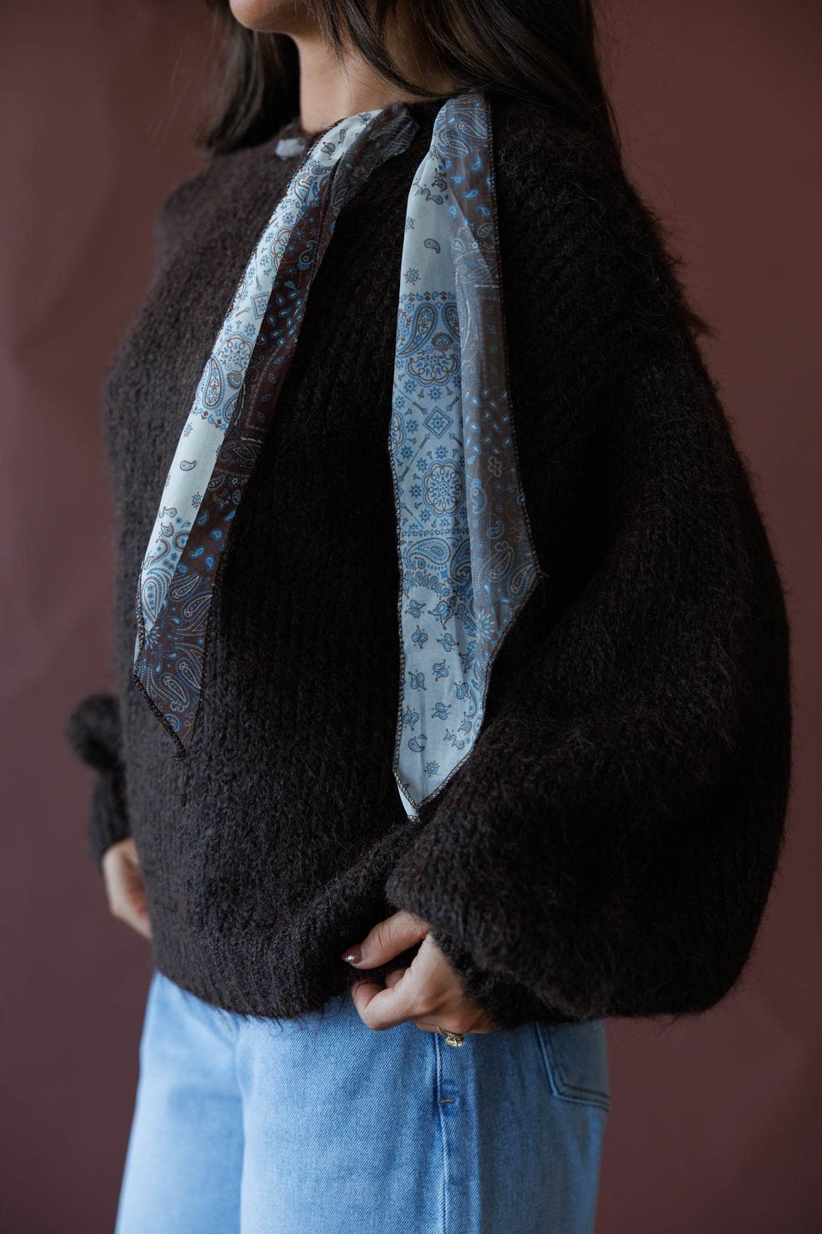 Brown sweater with satin scarf neck tie