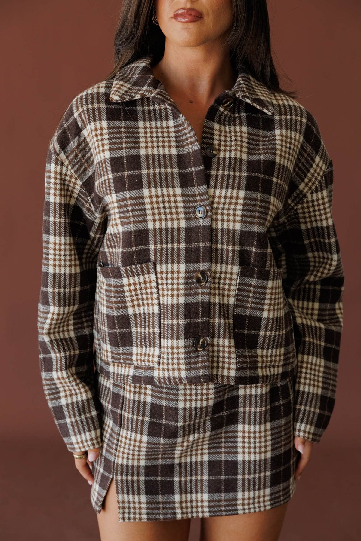 Black and cream plaid shirt jacket
