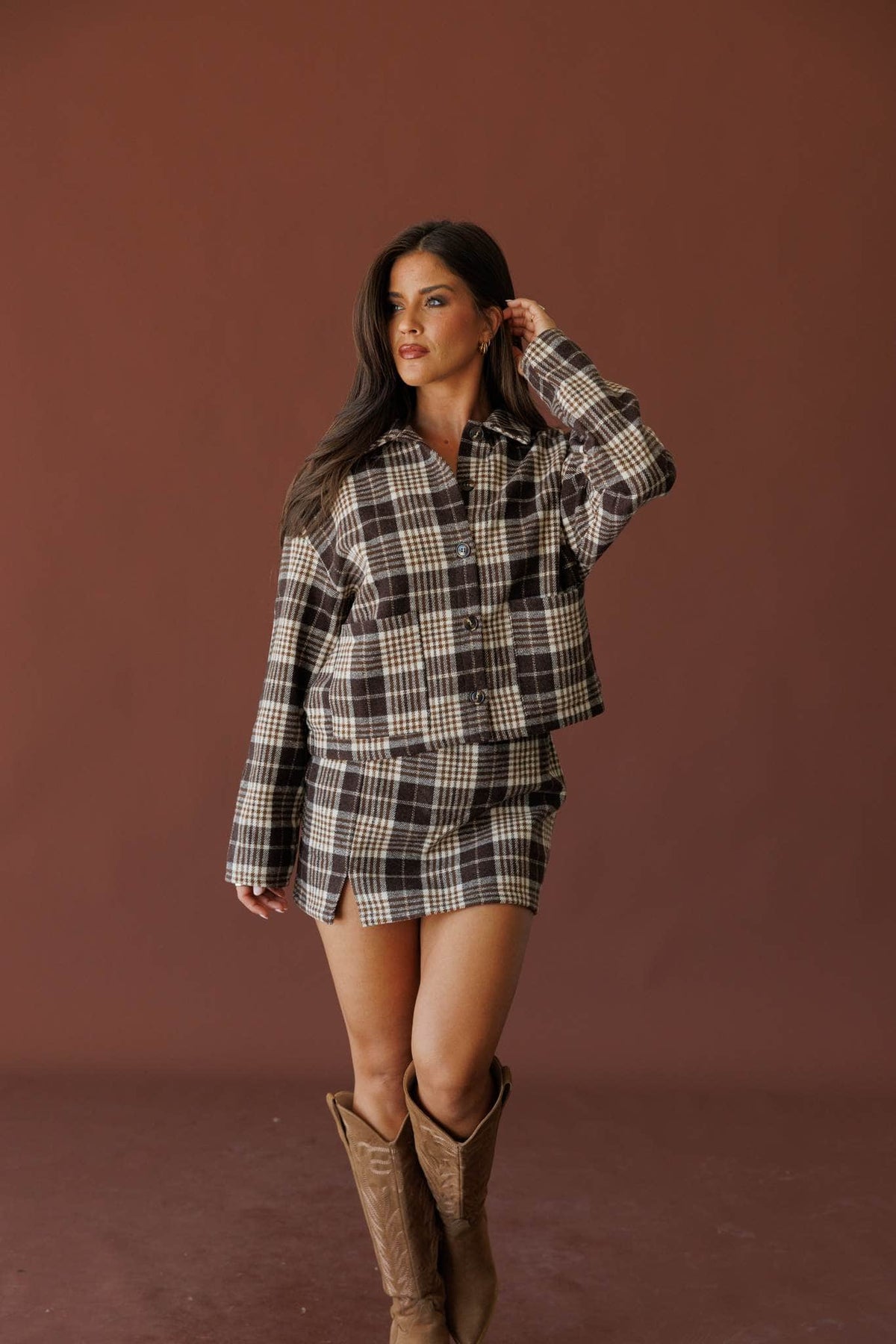 Black and cream plaid shirt jacket, front view