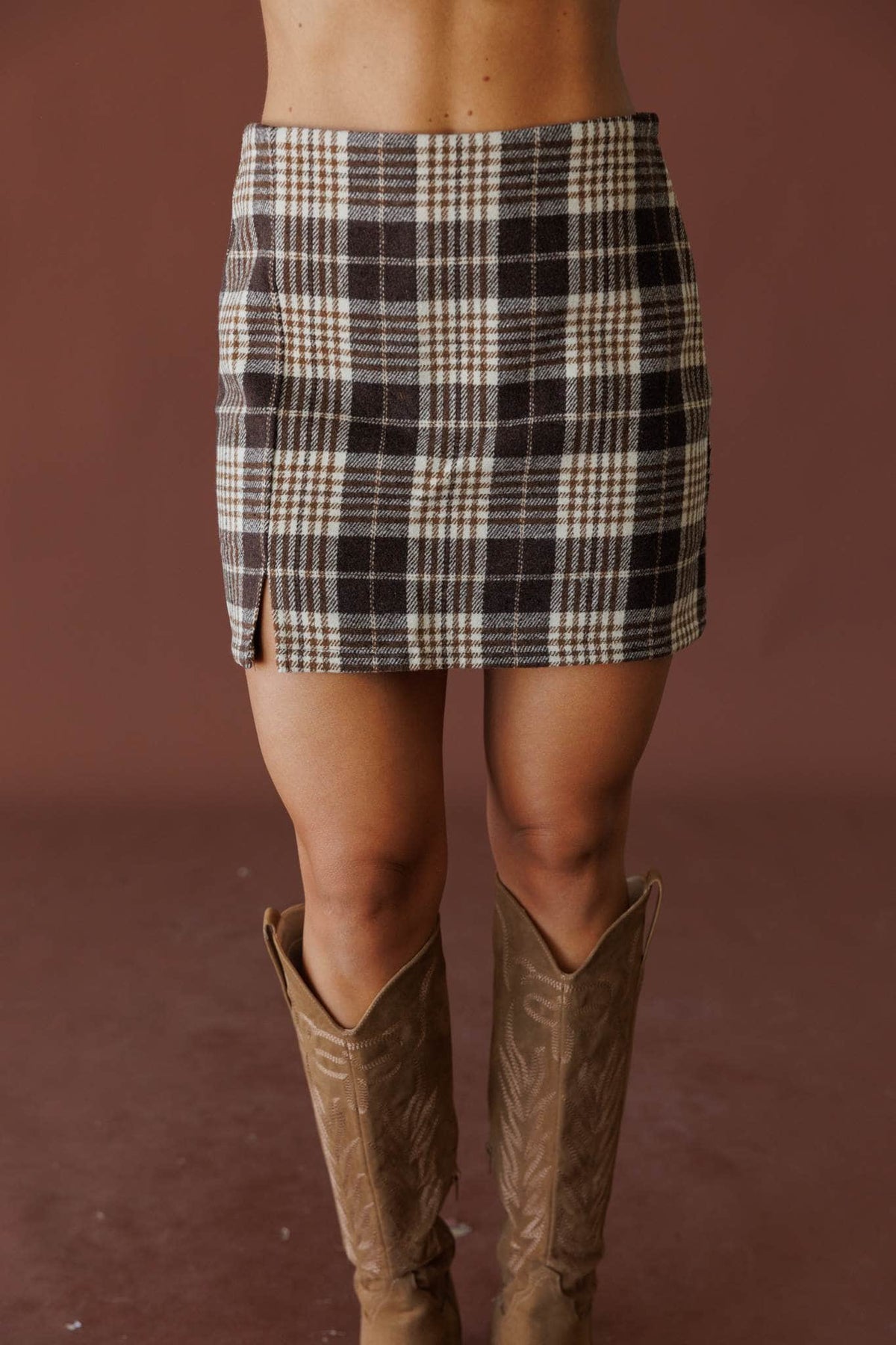 Black and cream plaid mini skirt, front view